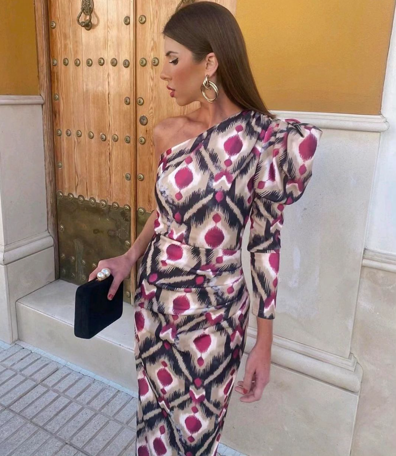 Yllana - Lilac Puff One-Shoulder Midi Dress