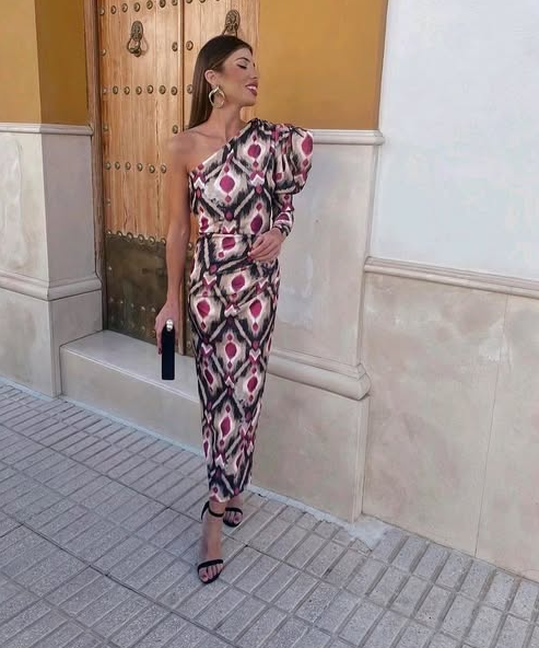 Yllana - Lilac Puff One-Shoulder Midi Dress