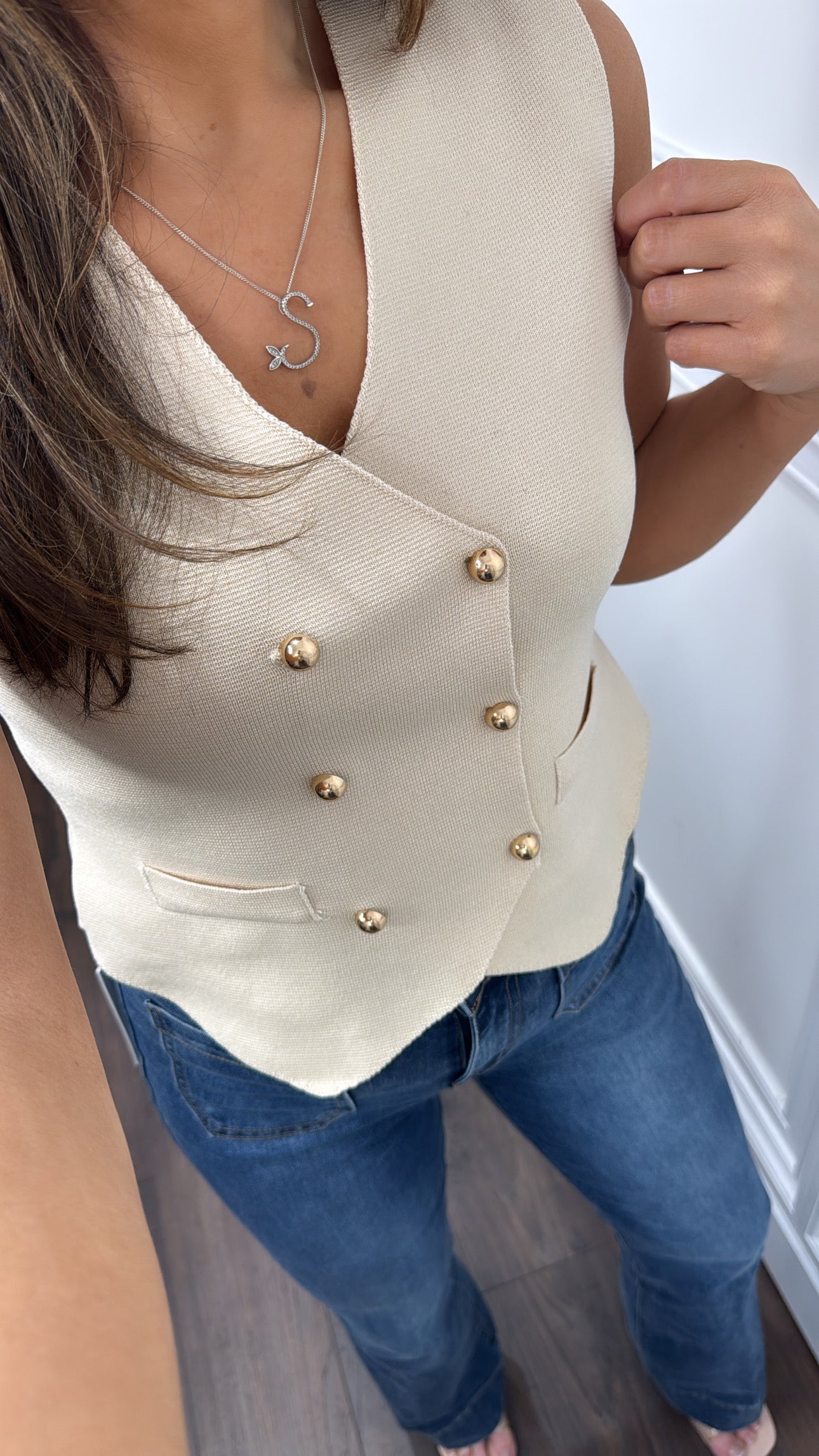 DANNI beige fine knit waist jacket with gold buttons