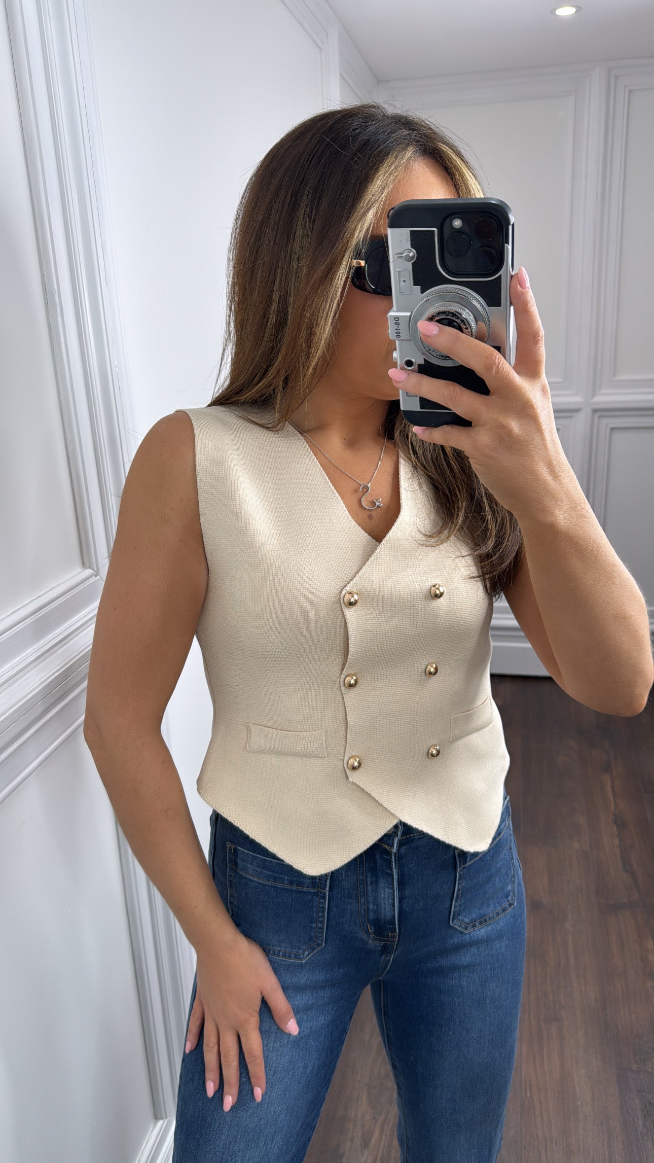 DANNI beige fine knit waist jacket with gold buttons
