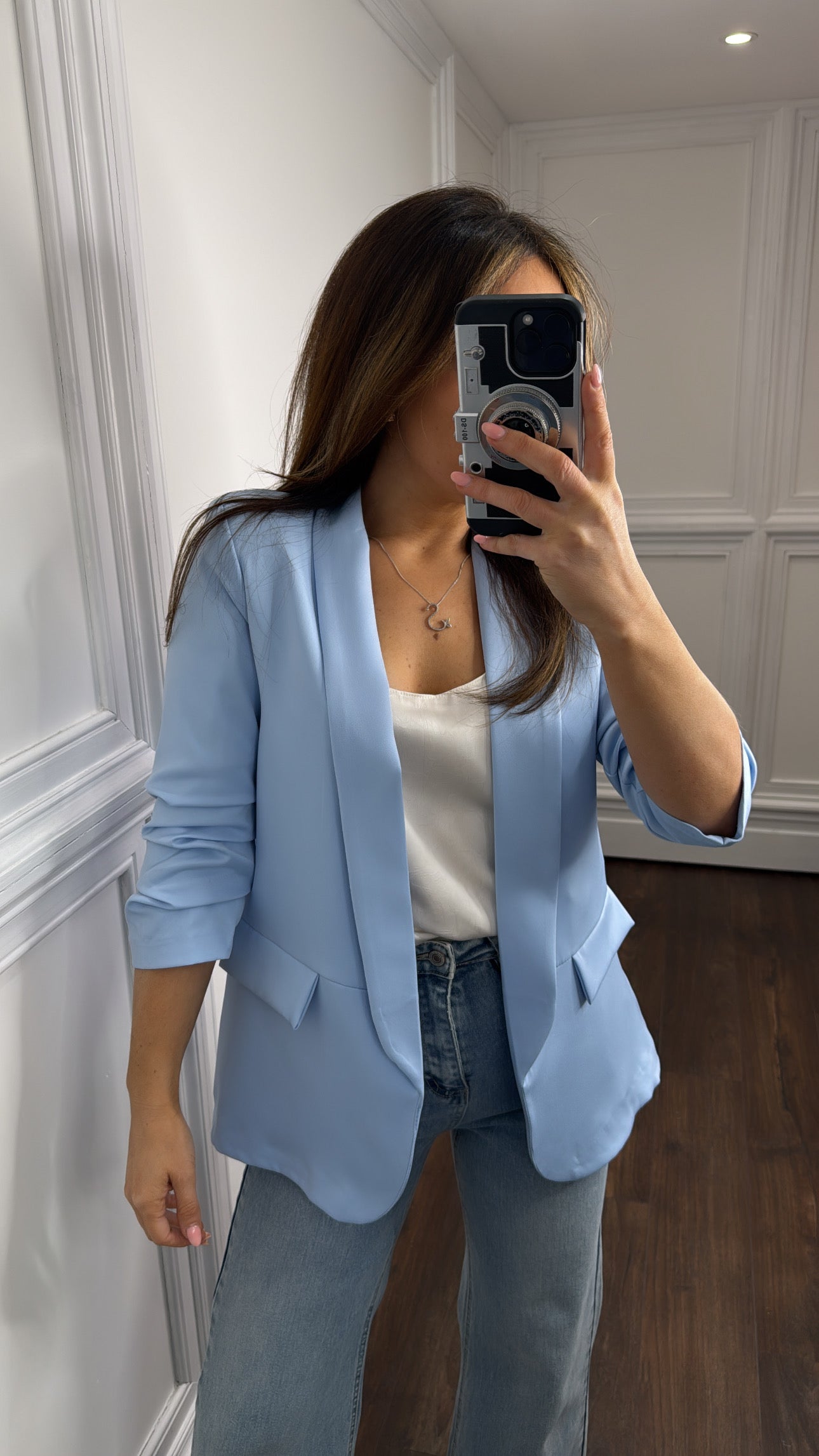 LOUISA pale blue ruched sleeve blazer