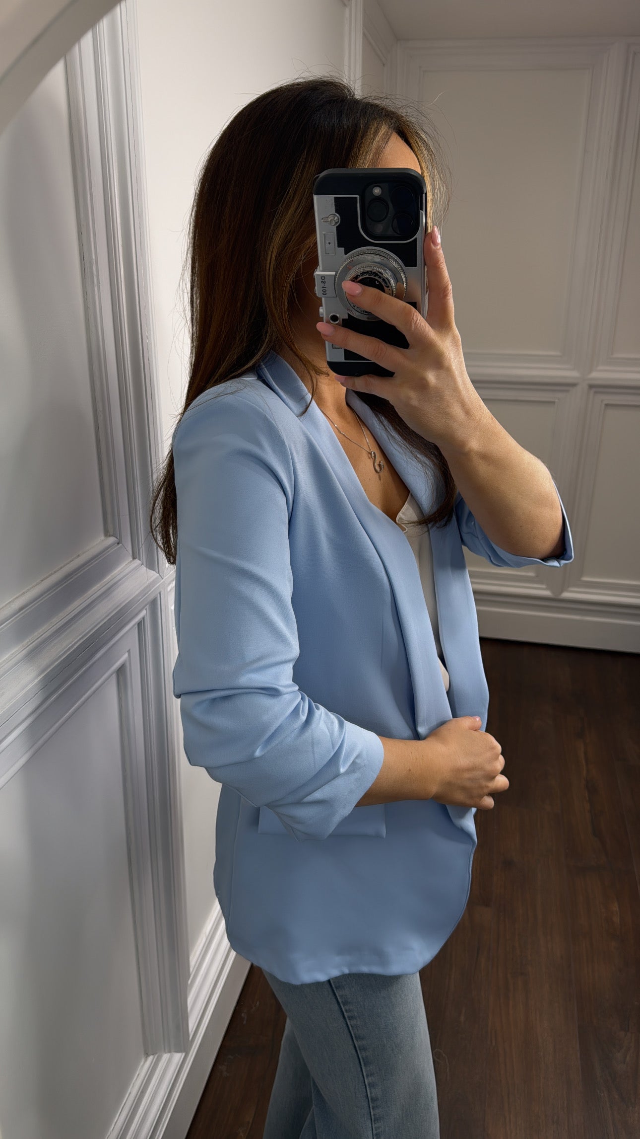 LOUISA pale blue ruched sleeve blazer