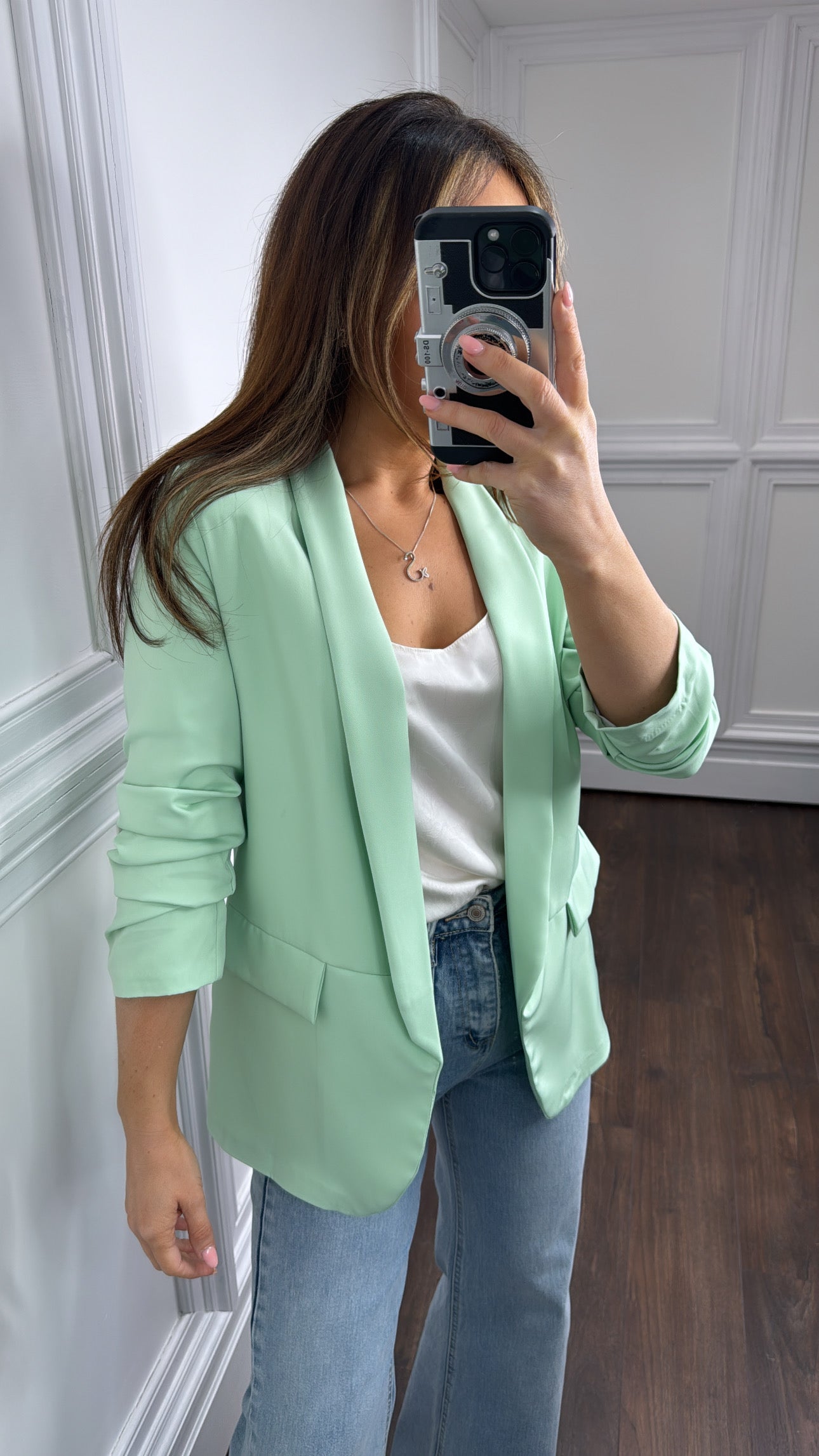 LOUISA apple green ruched sleeve blazer
