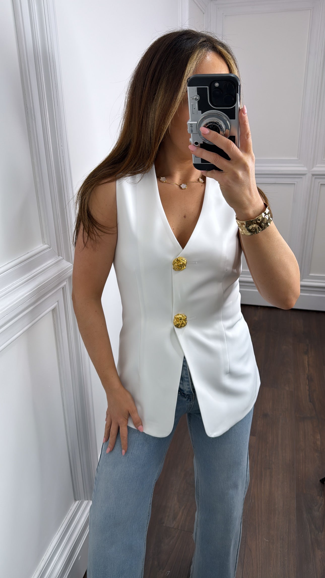 GISELLE white tailored waist coat with gold buttons