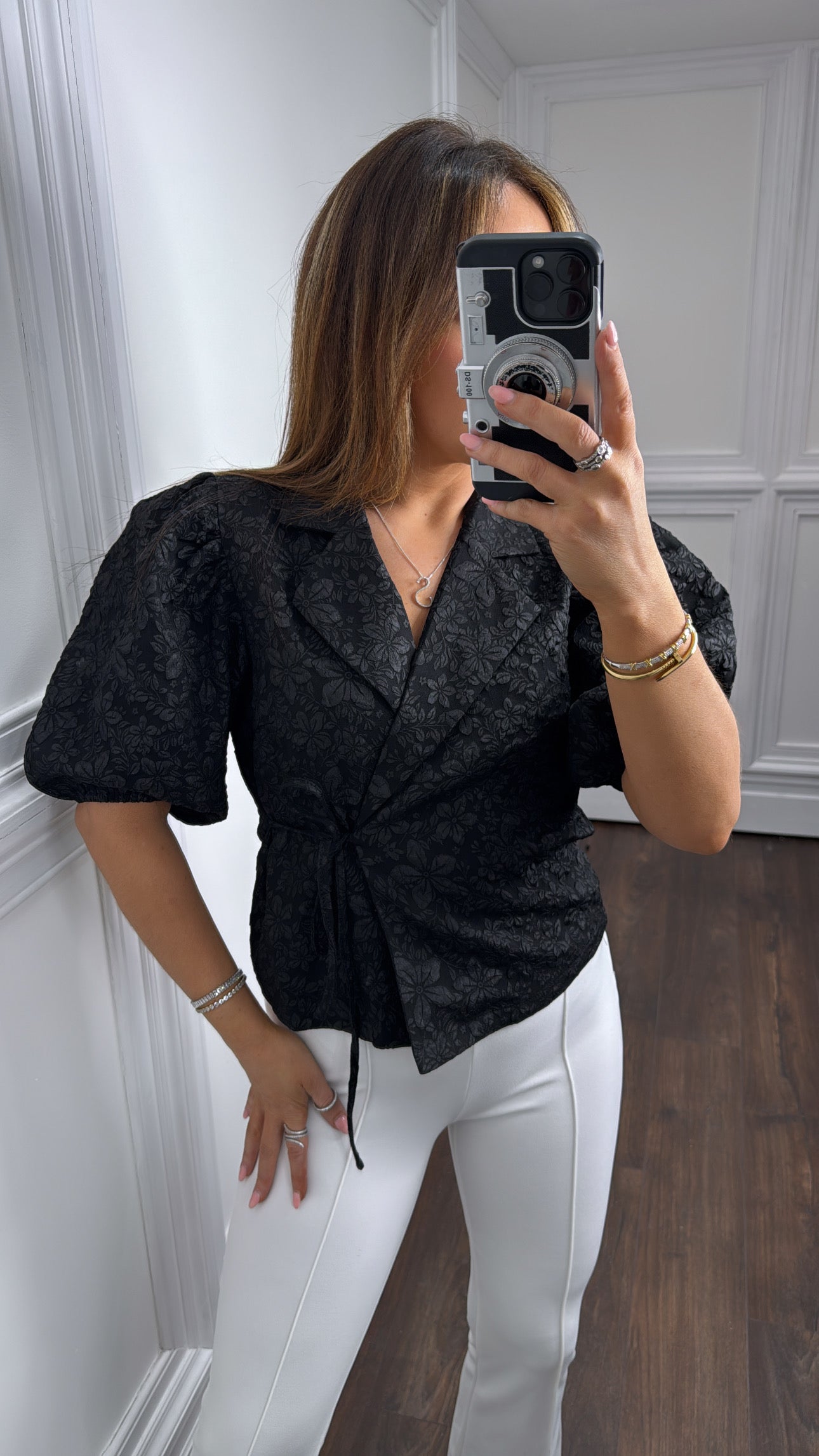 SAFFRON black tie detail short sleeve blazer