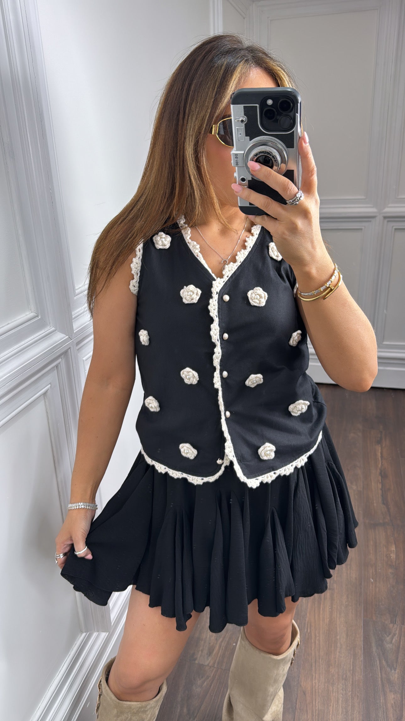 REMI black crochet rosette detail waist jacket