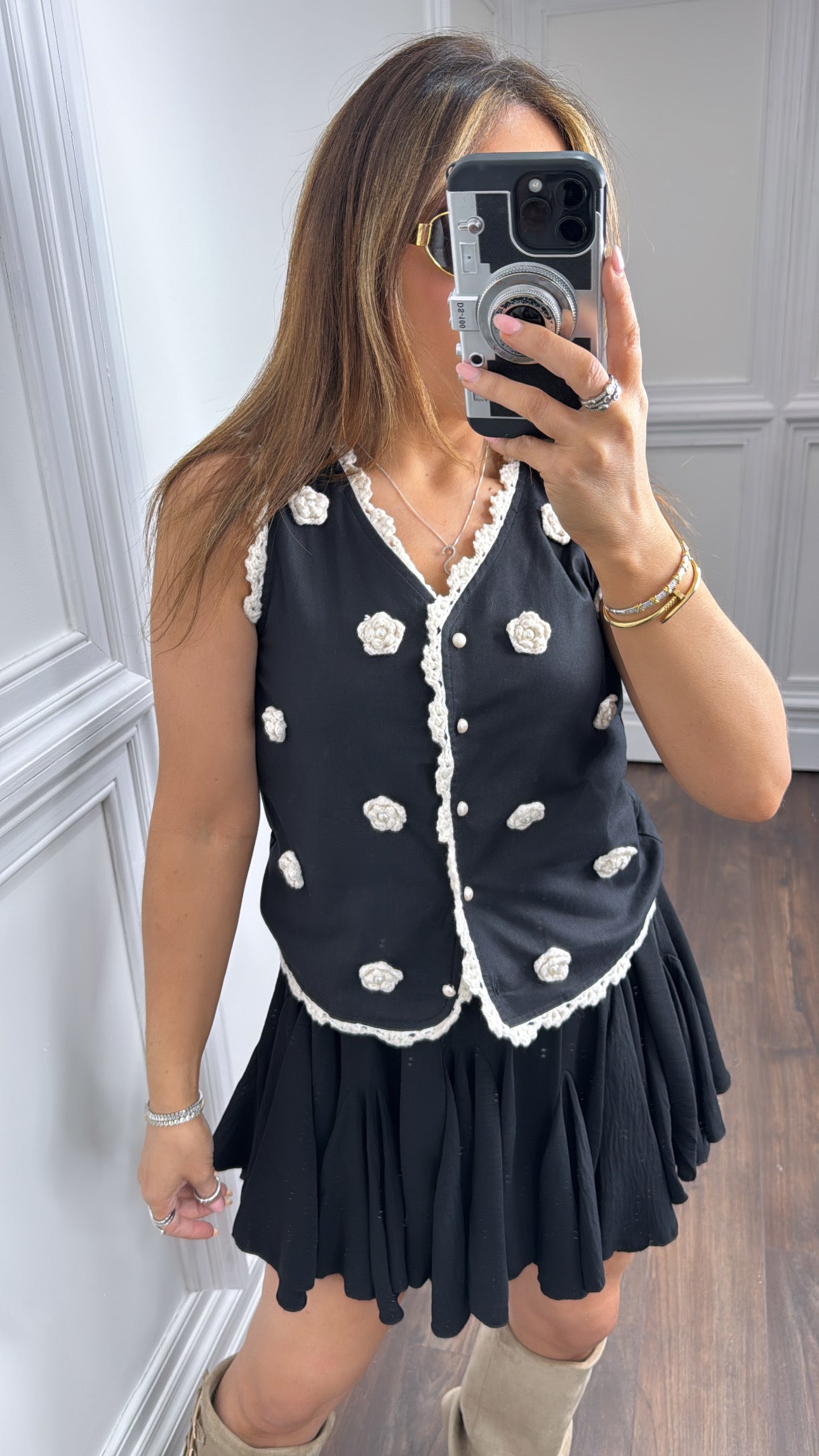 REMI black crochet rosette detail waist jacket