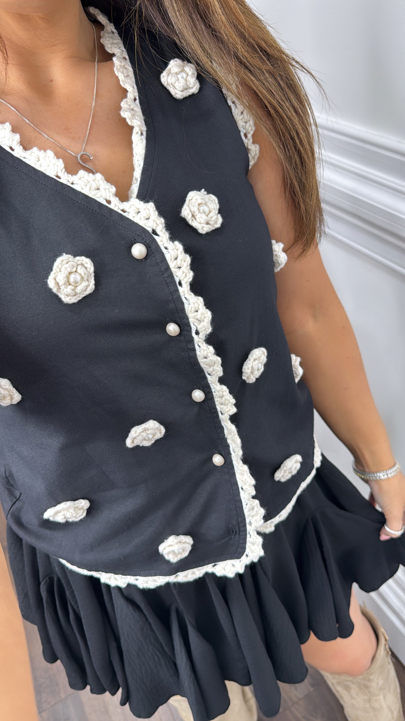 REMI black crochet rosette detail waist jacket