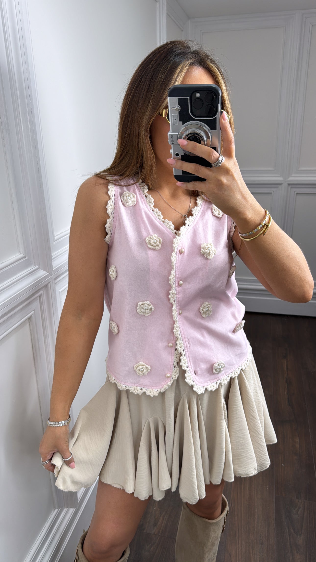 REMI pink crochet rosette detail waist jacket