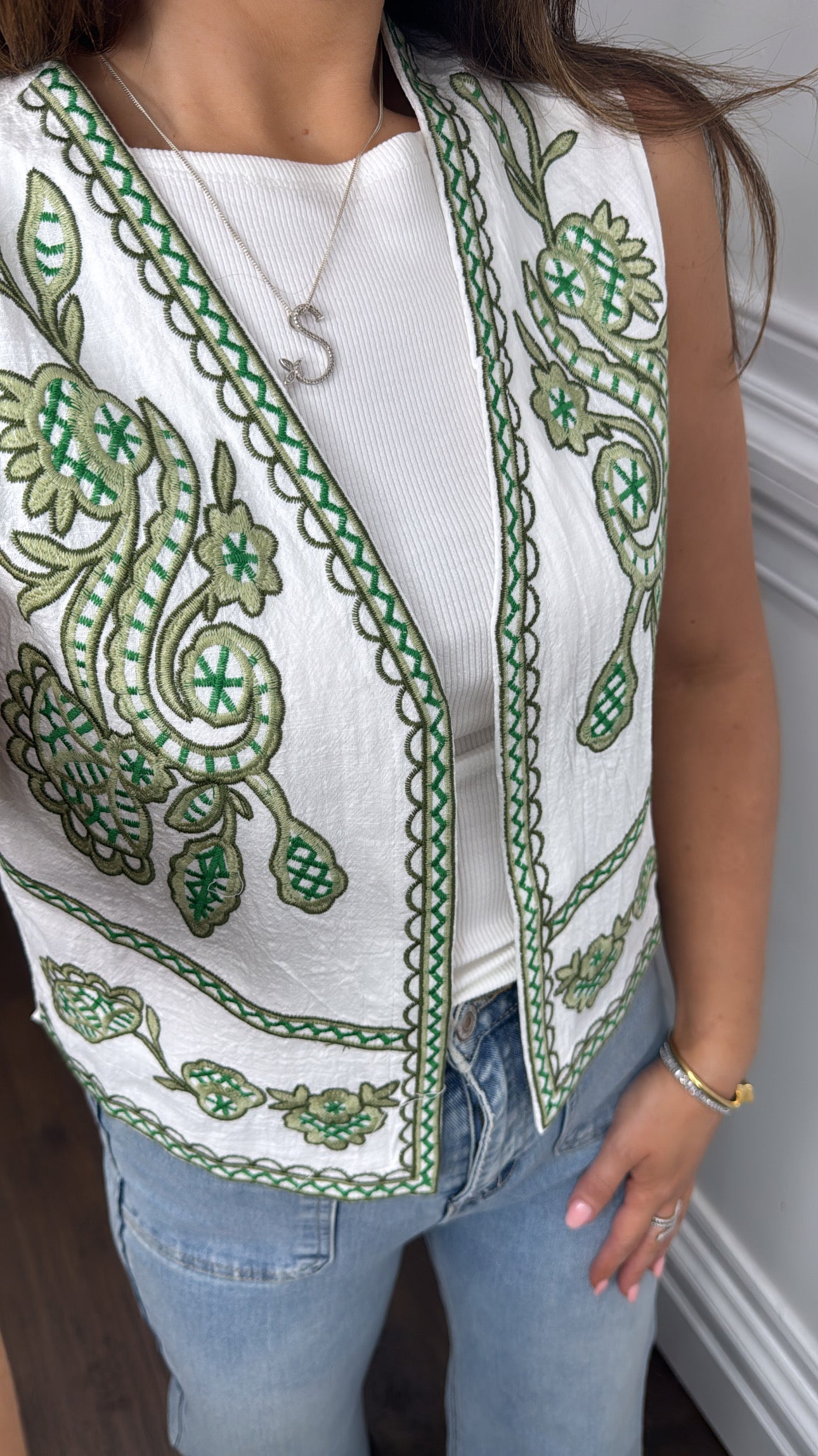 LEONA green and white detail waist jacket