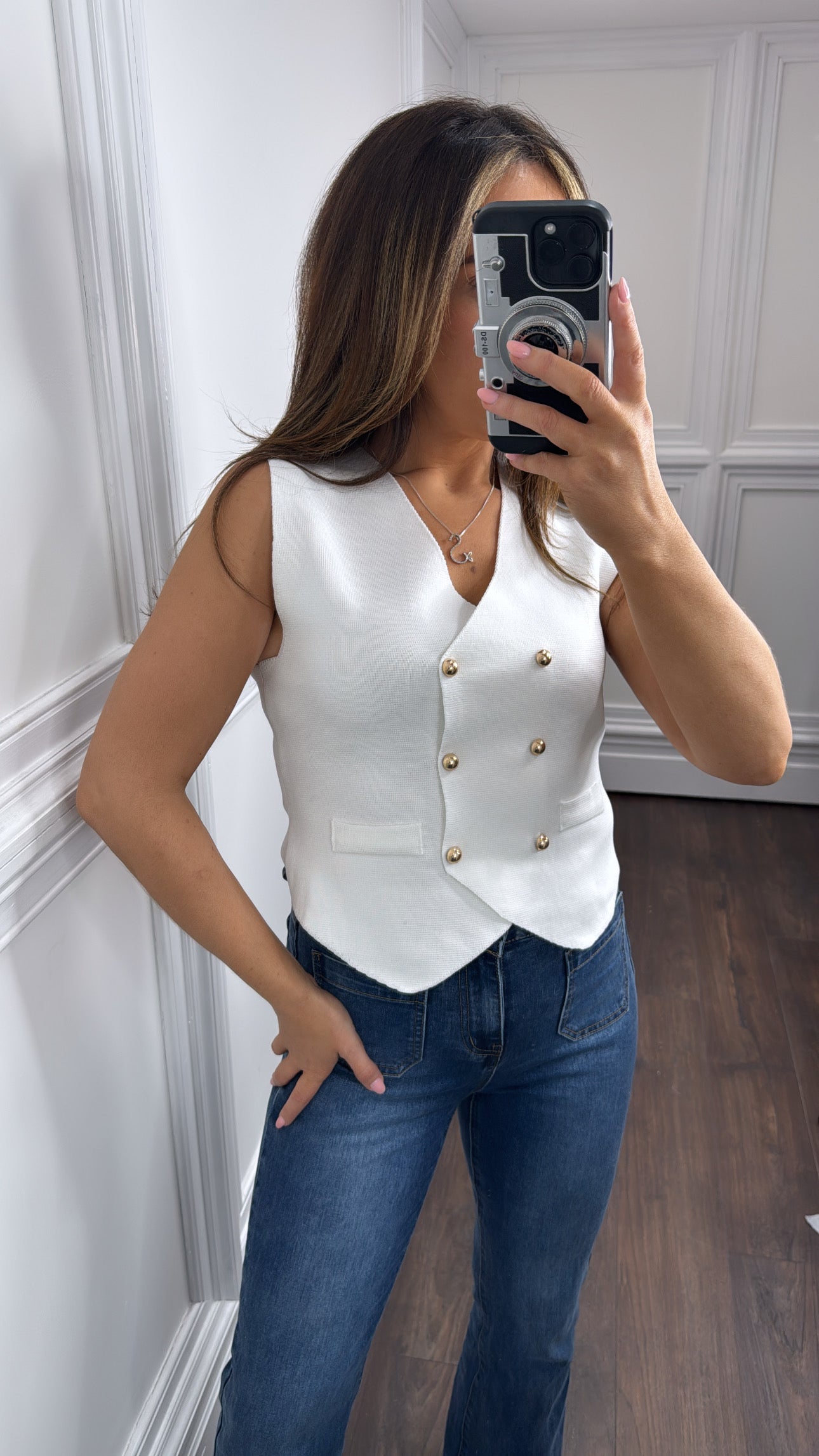 DANNI white fine knit waist jacket with gold buttons
