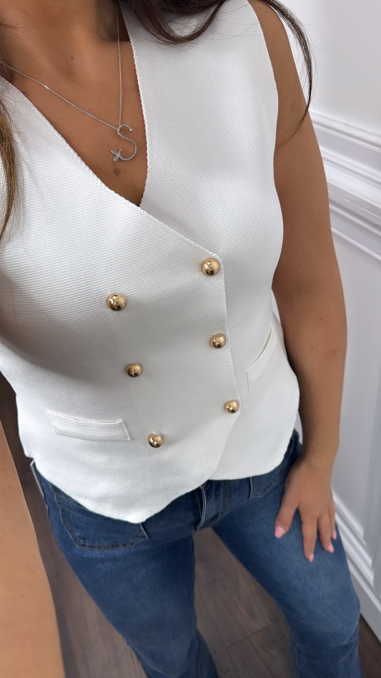 DANNI white fine knit waist jacket with gold buttons