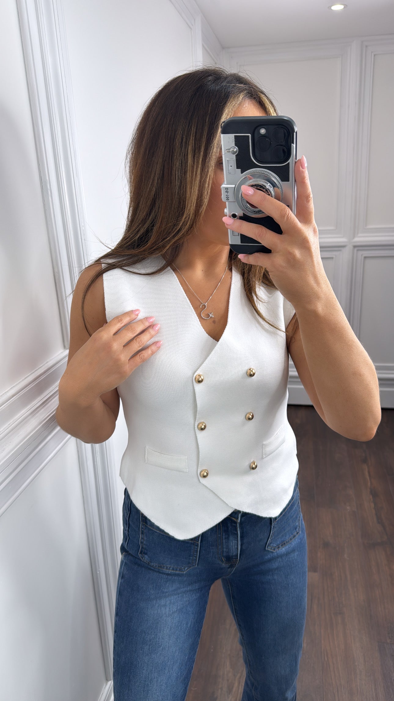 DANNI white fine knit waist jacket with gold buttons