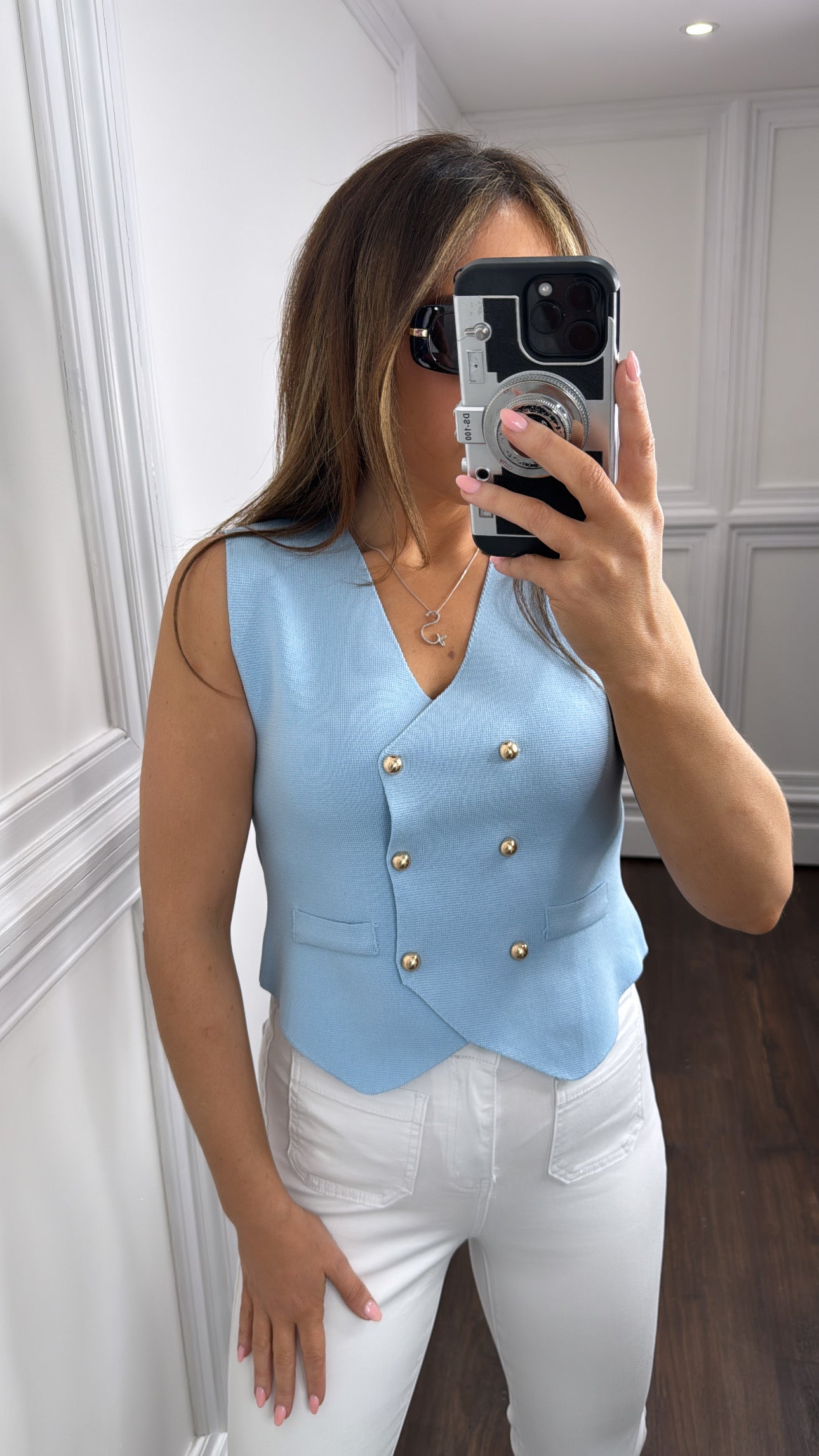 DANNI blue fine knit waist jacket with gold buttons