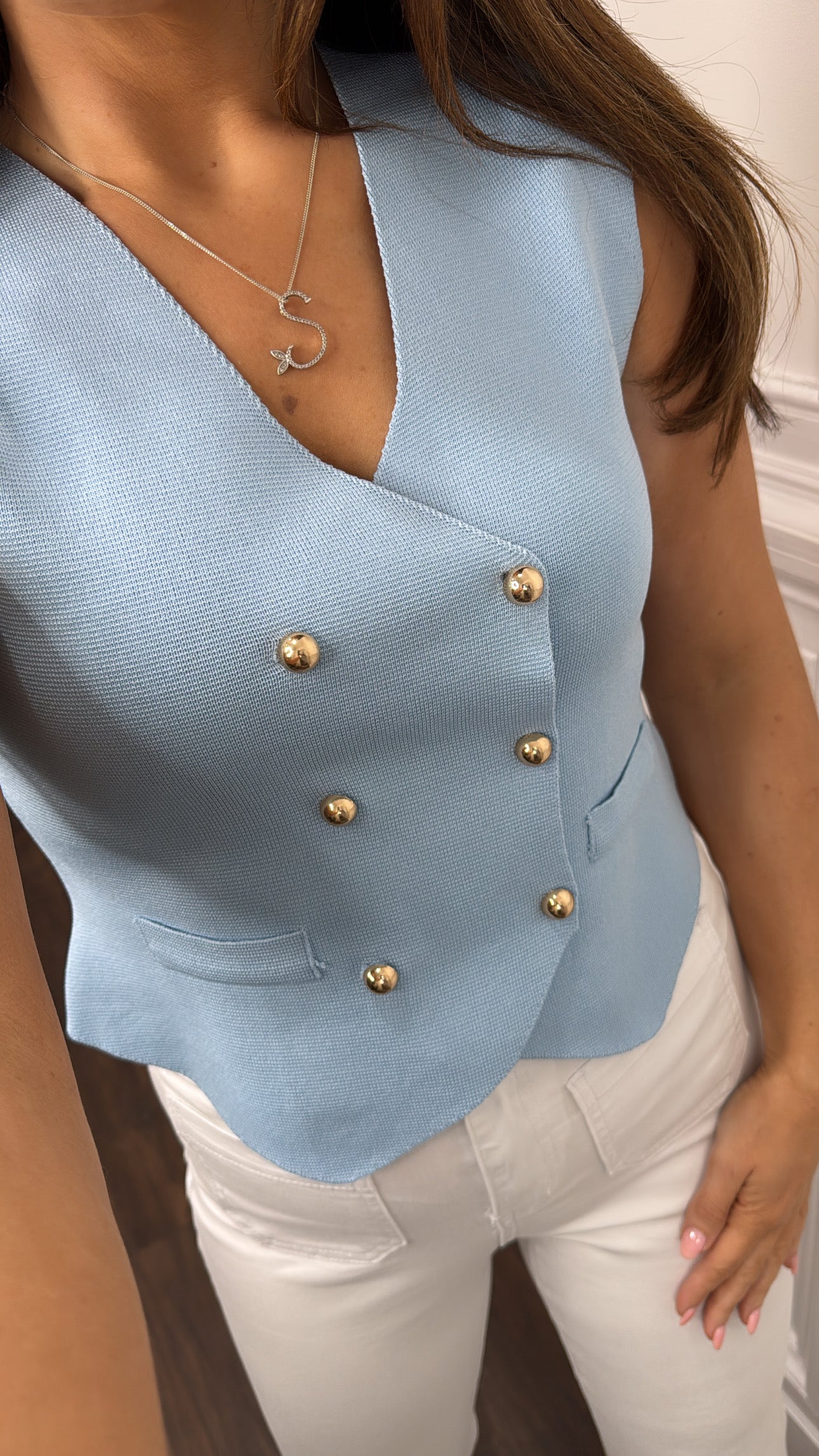 DANNI blue fine knit waist jacket with gold buttons