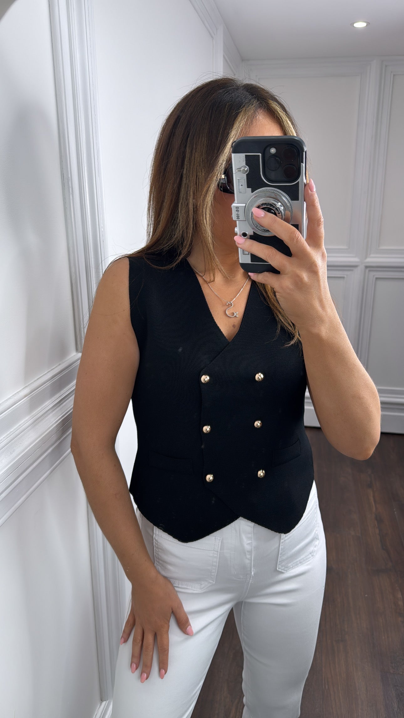 DANNI black fine knit waist jacket with gold buttons