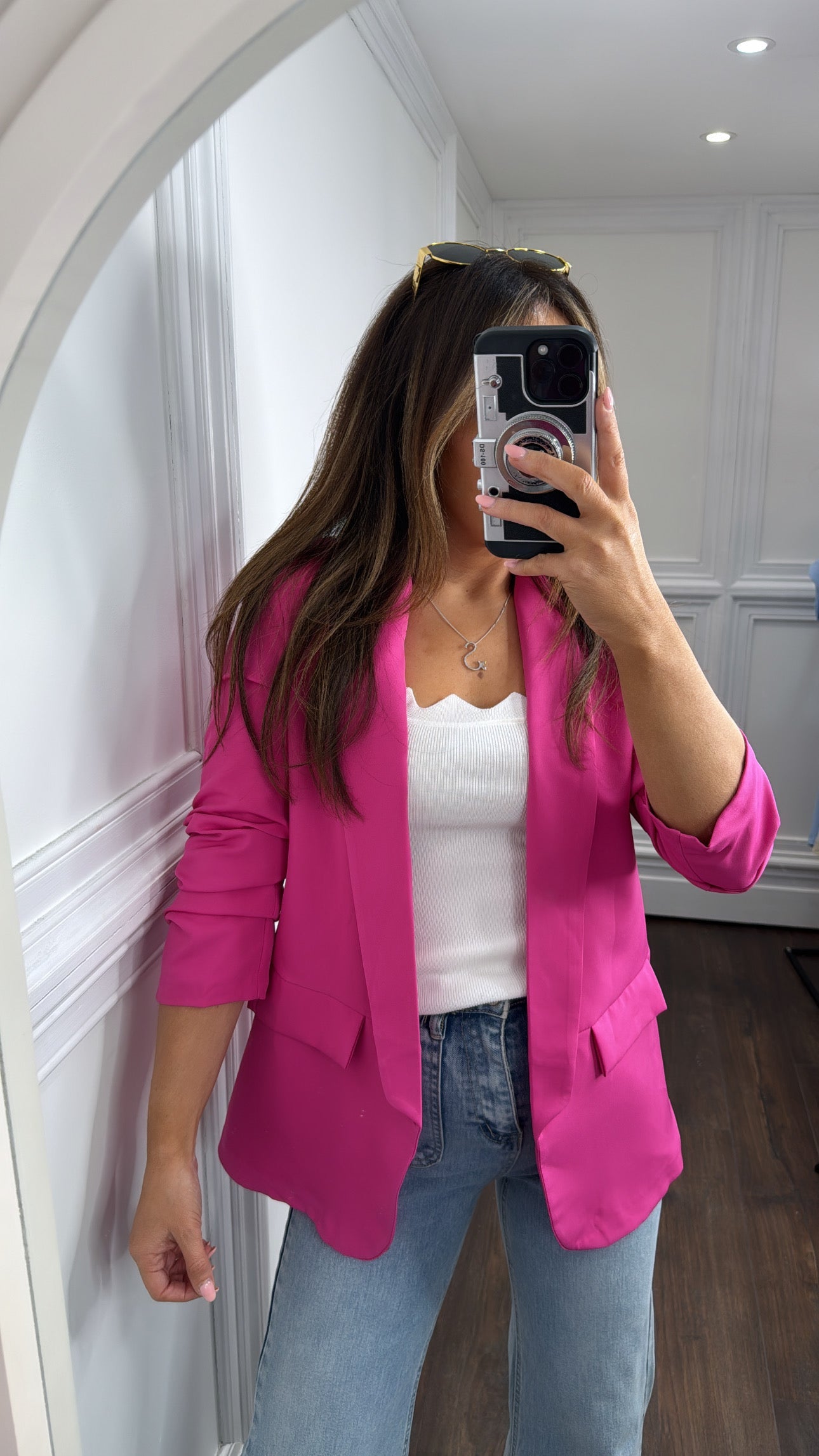 LOUISA fuchsia pink ruched sleeve blazer