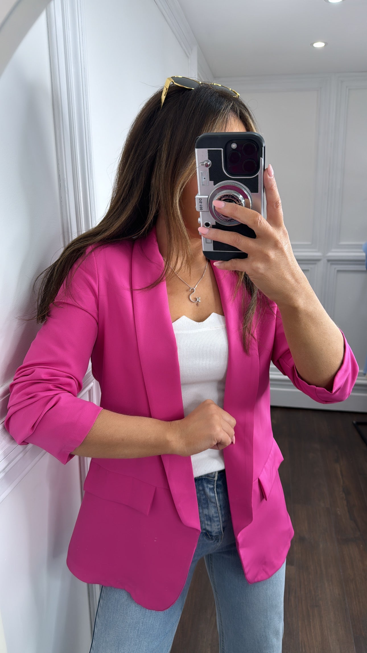 LOUISA fuchsia pink ruched sleeve blazer
