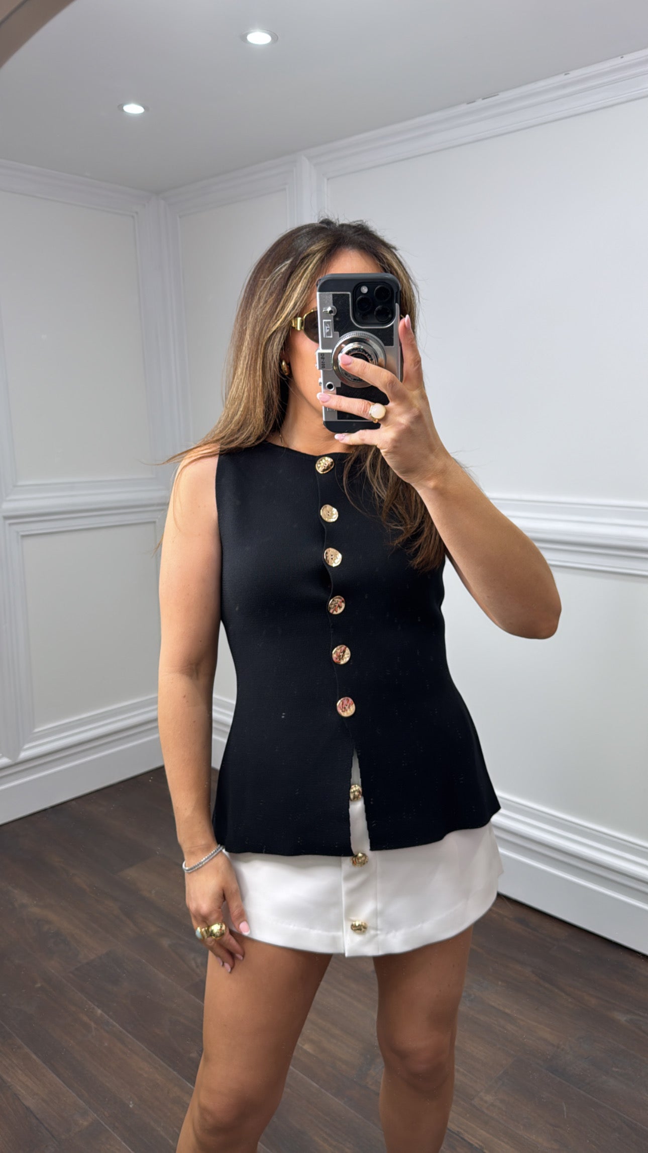 ABBEY black fine knit waist jacket with gold buttons