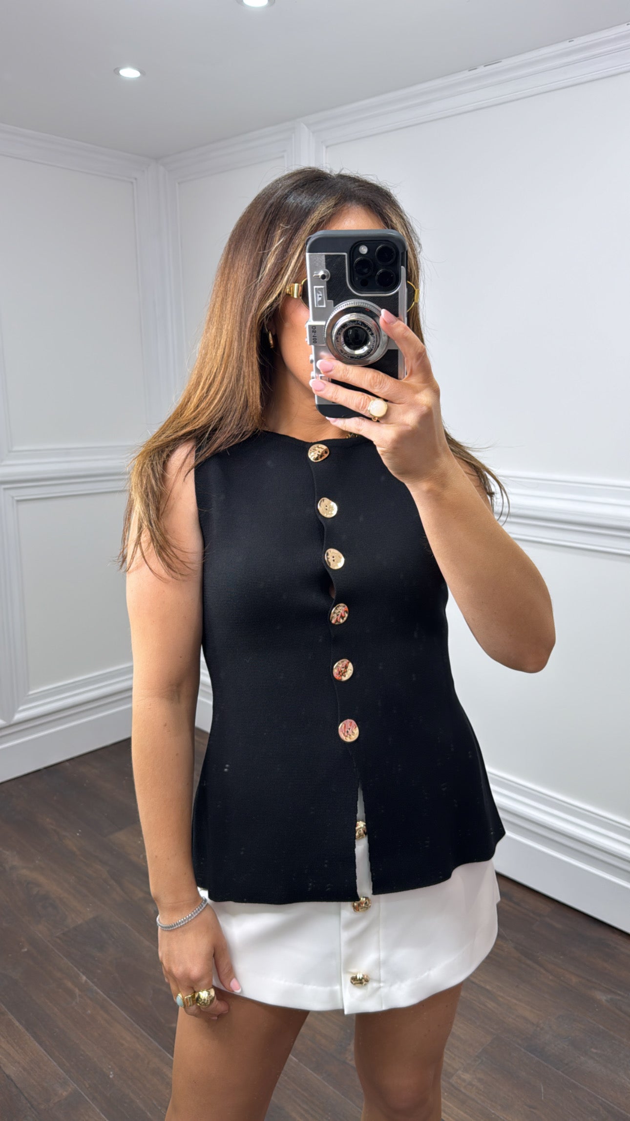 ABBEY black fine knit waist jacket with gold buttons