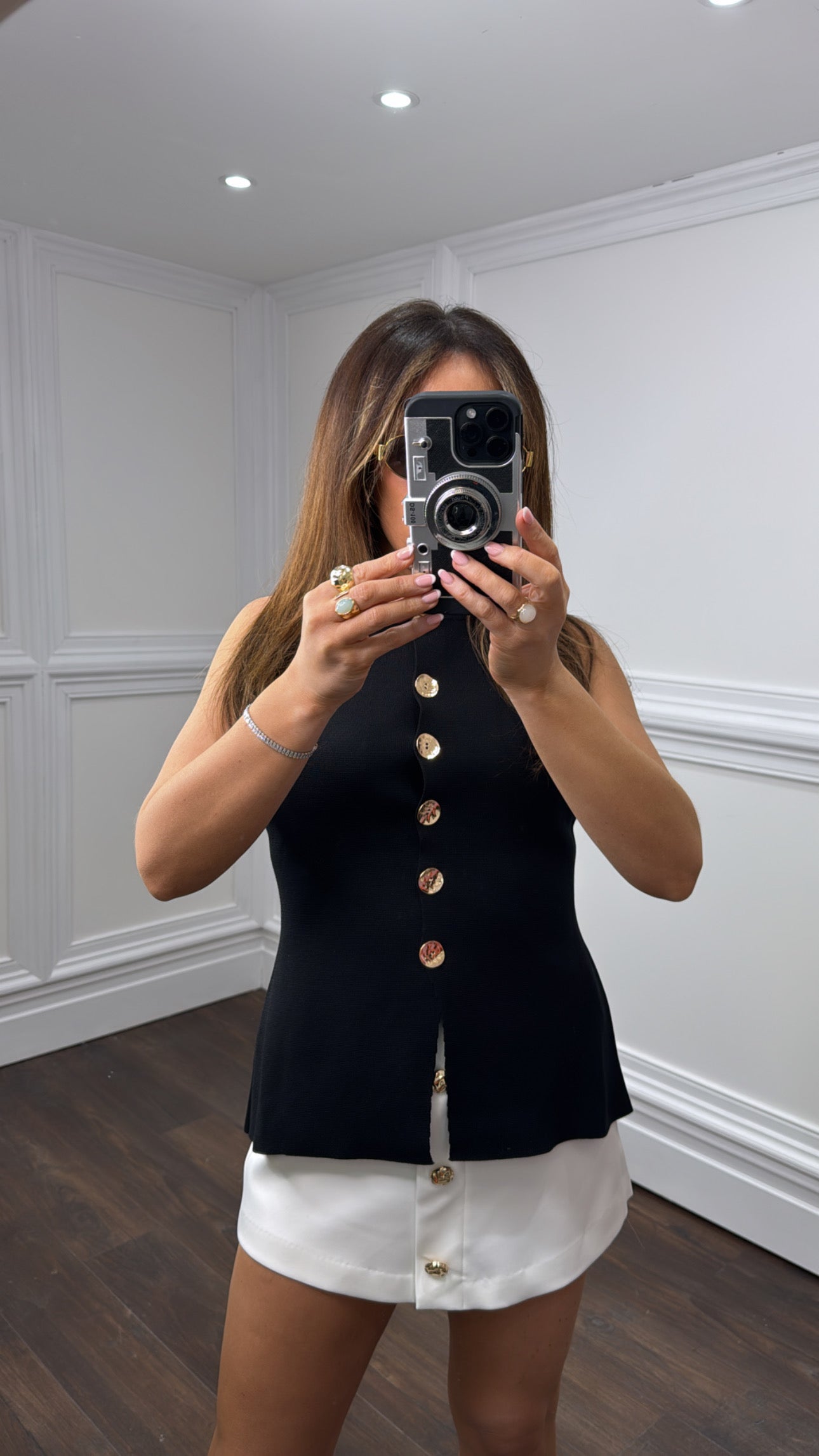 ABBEY black fine knit waist jacket with gold buttons