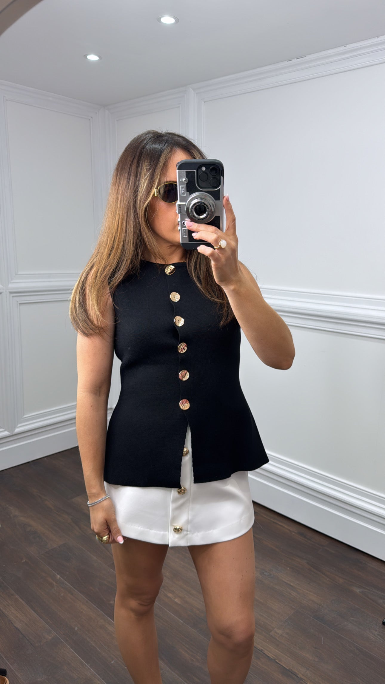 ABBEY black fine knit waist jacket with gold buttons