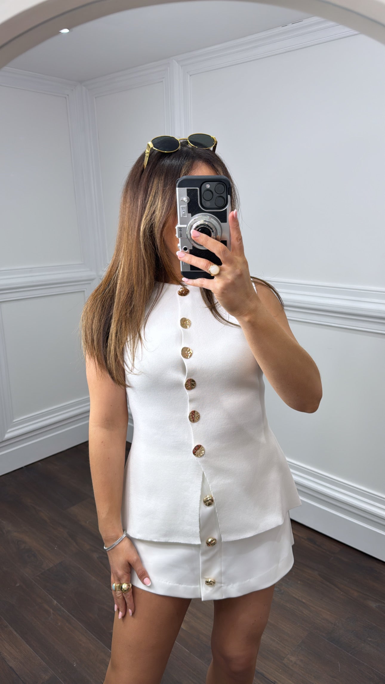 ABBEY white fine knit waist jacket with gold buttons