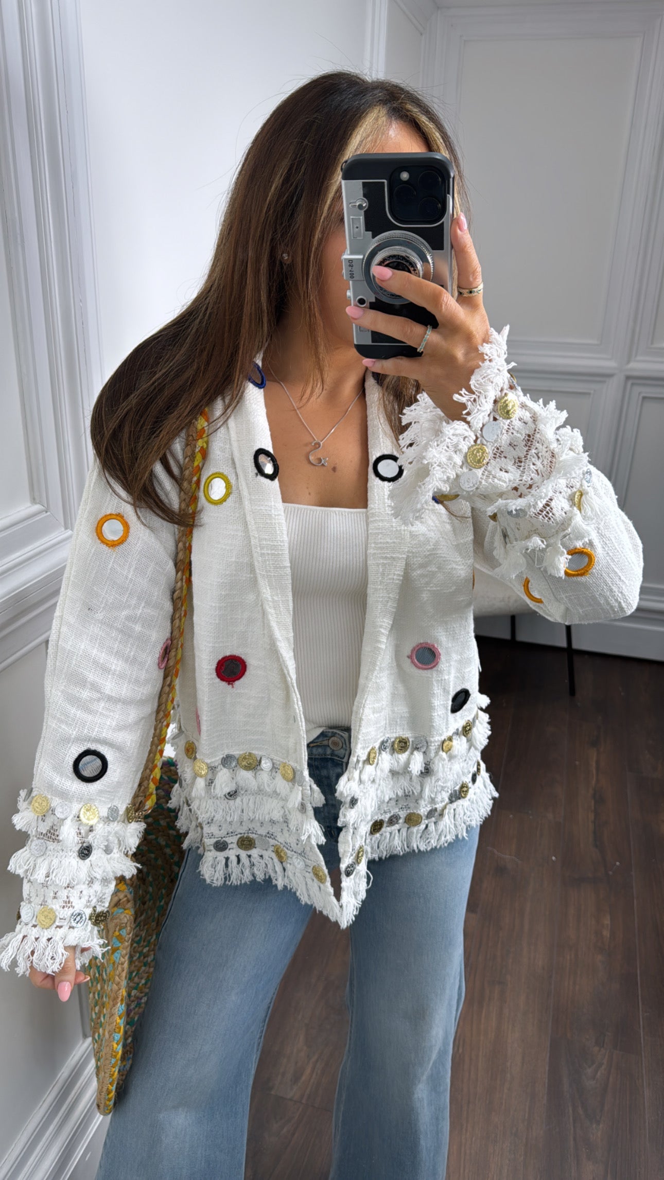 GABBY white tassel and coin detail jacket