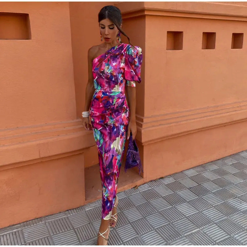 Yllana - Lilac Puff One-Shoulder Midi Dress