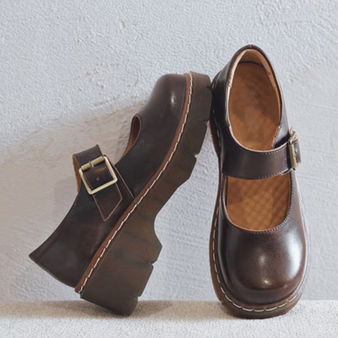 Black Chunky Shoes Sheepskin Comfy Splicing Buckle Strap