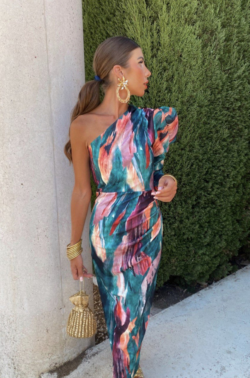 Yllana - Lilac Puff One-Shoulder Midi Dress