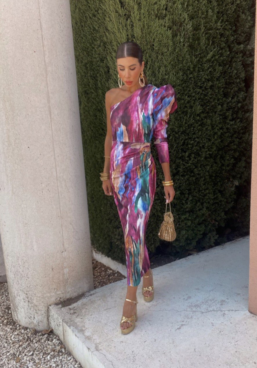 Yllana - Lilac Puff One-Shoulder Midi Dress