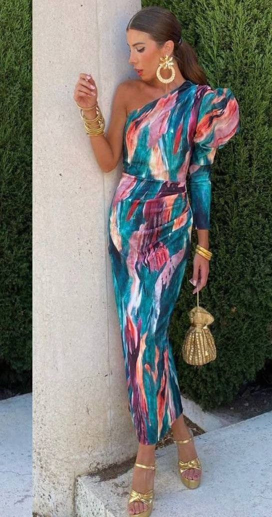 Yllana - Lilac Puff One-Shoulder Midi Dress