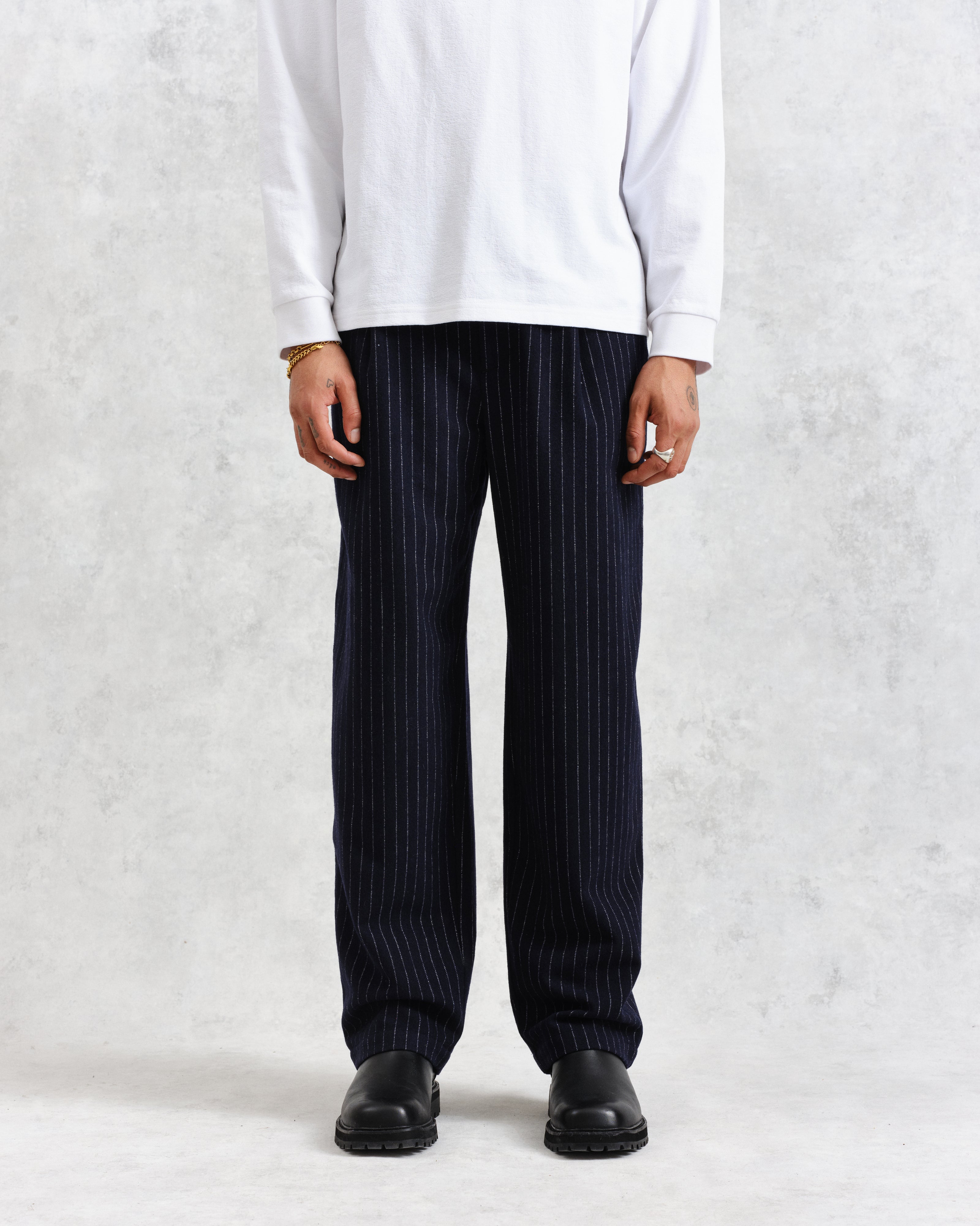 Modestique london™| Navy Pinstripe Wool Trousers
