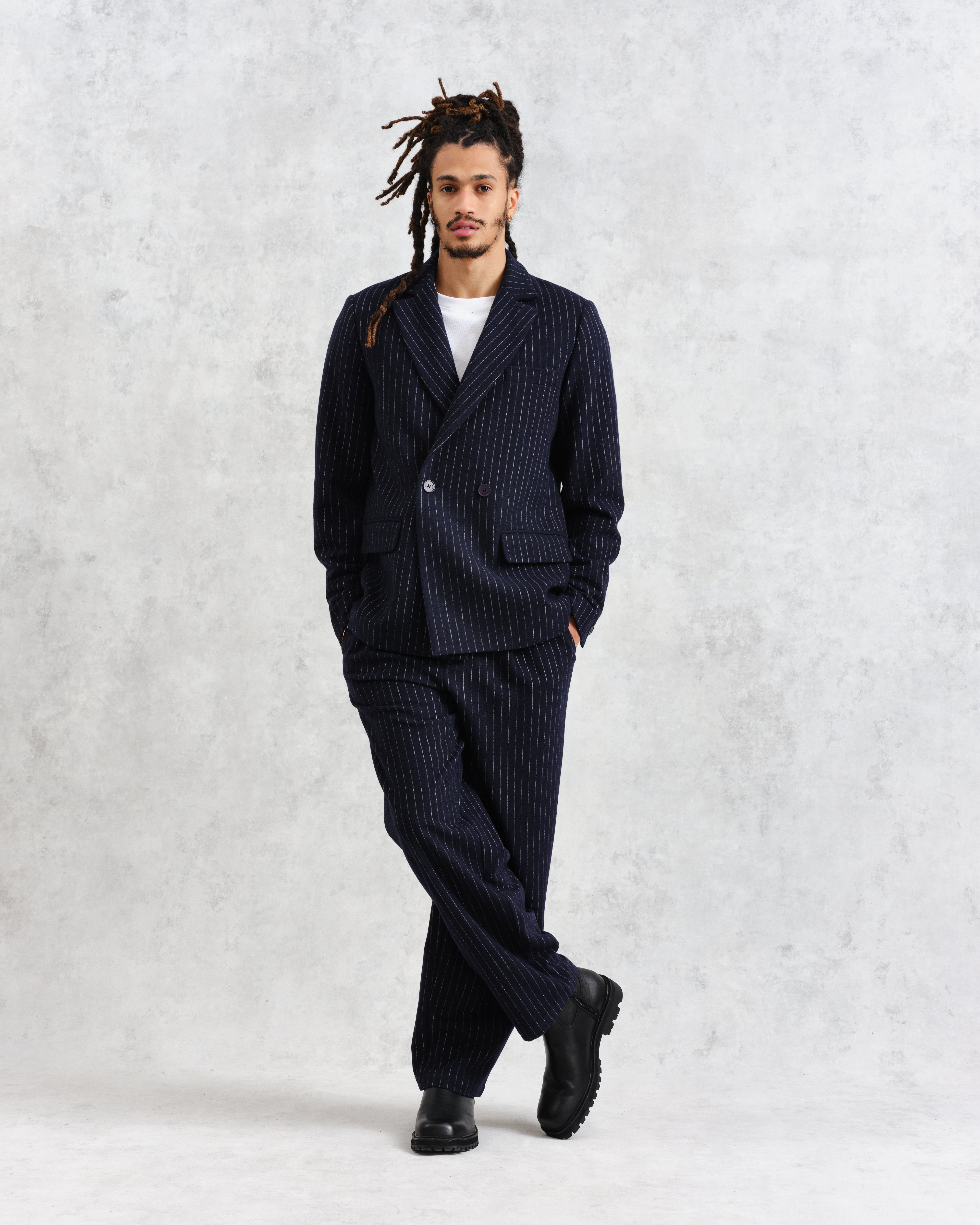 Modestique london™| Navy Pinstripe Wool Trousers