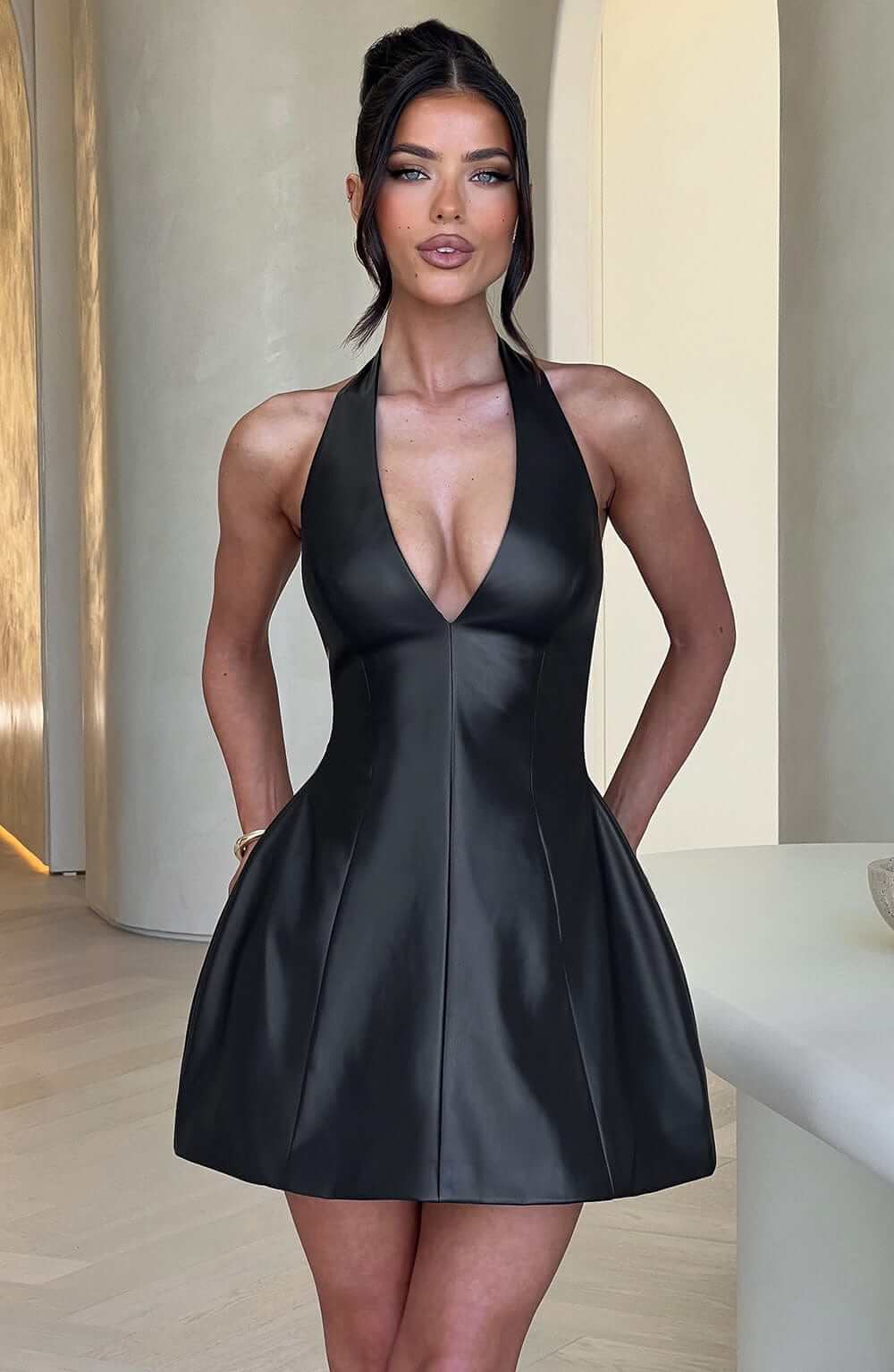 Modestique london™- Amanda Black Leather Mini Dress