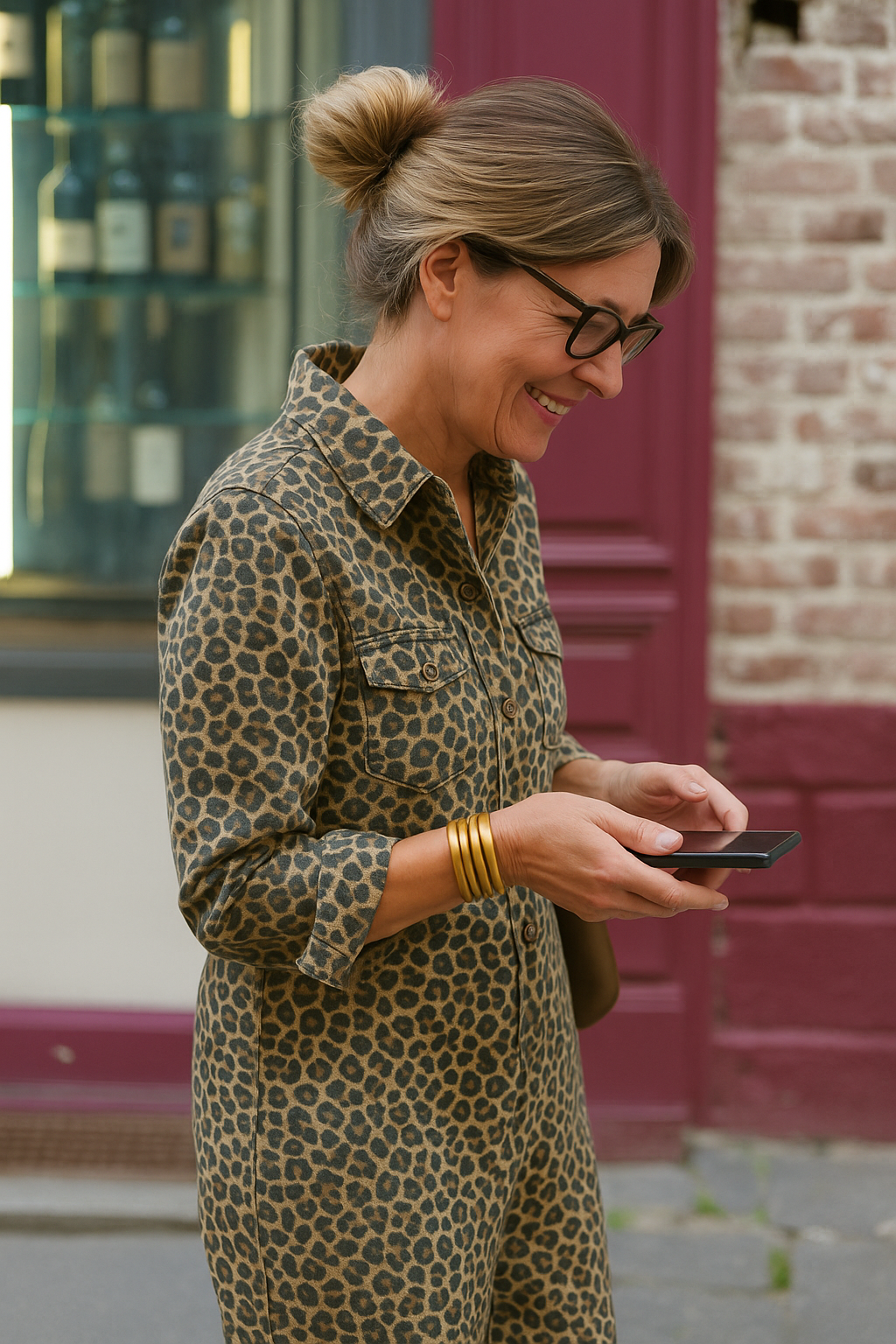 Modestique london-sleeved jumpsuit with leopard print