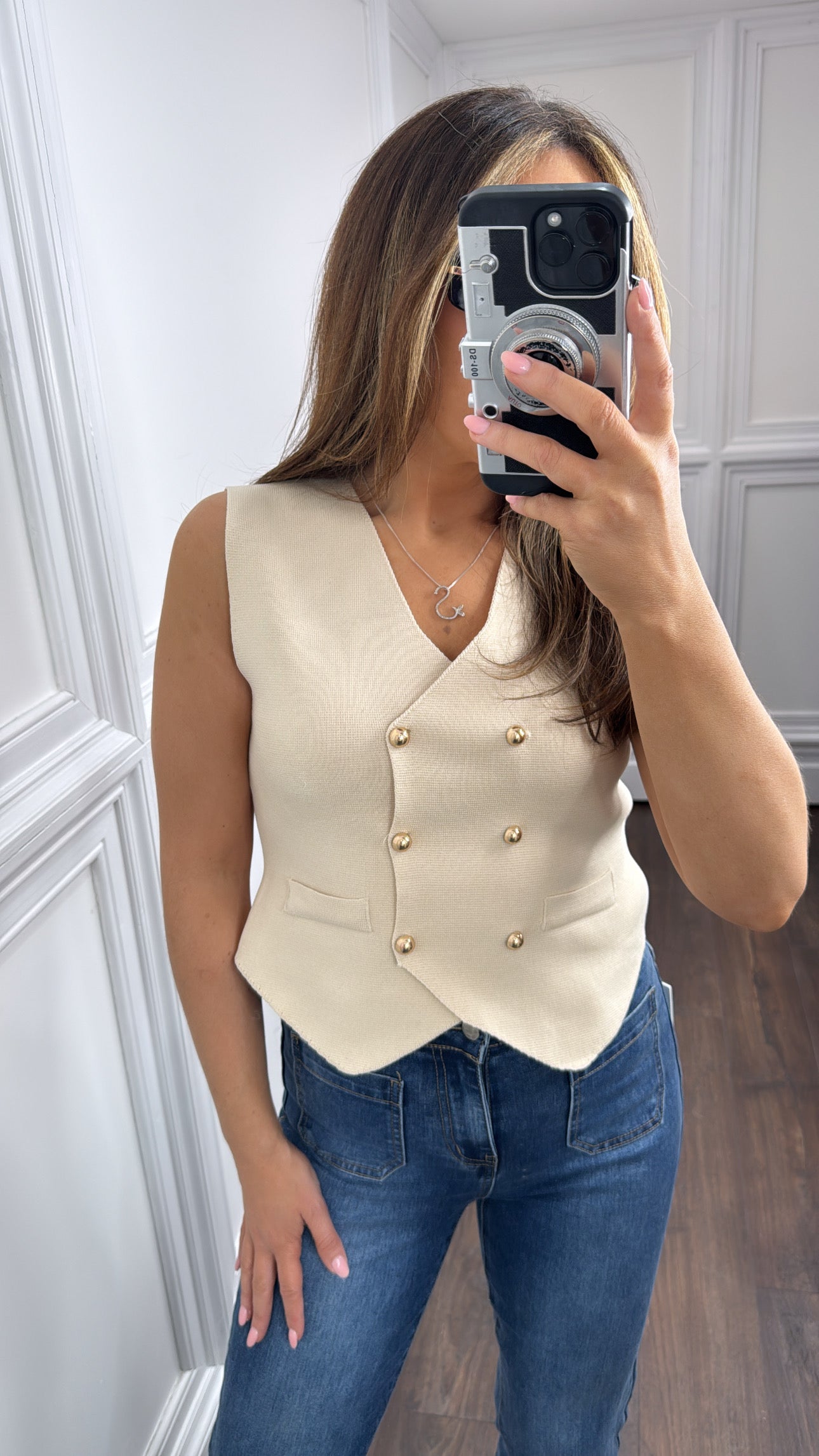 DANNI beige fine knit waist jacket with gold buttons