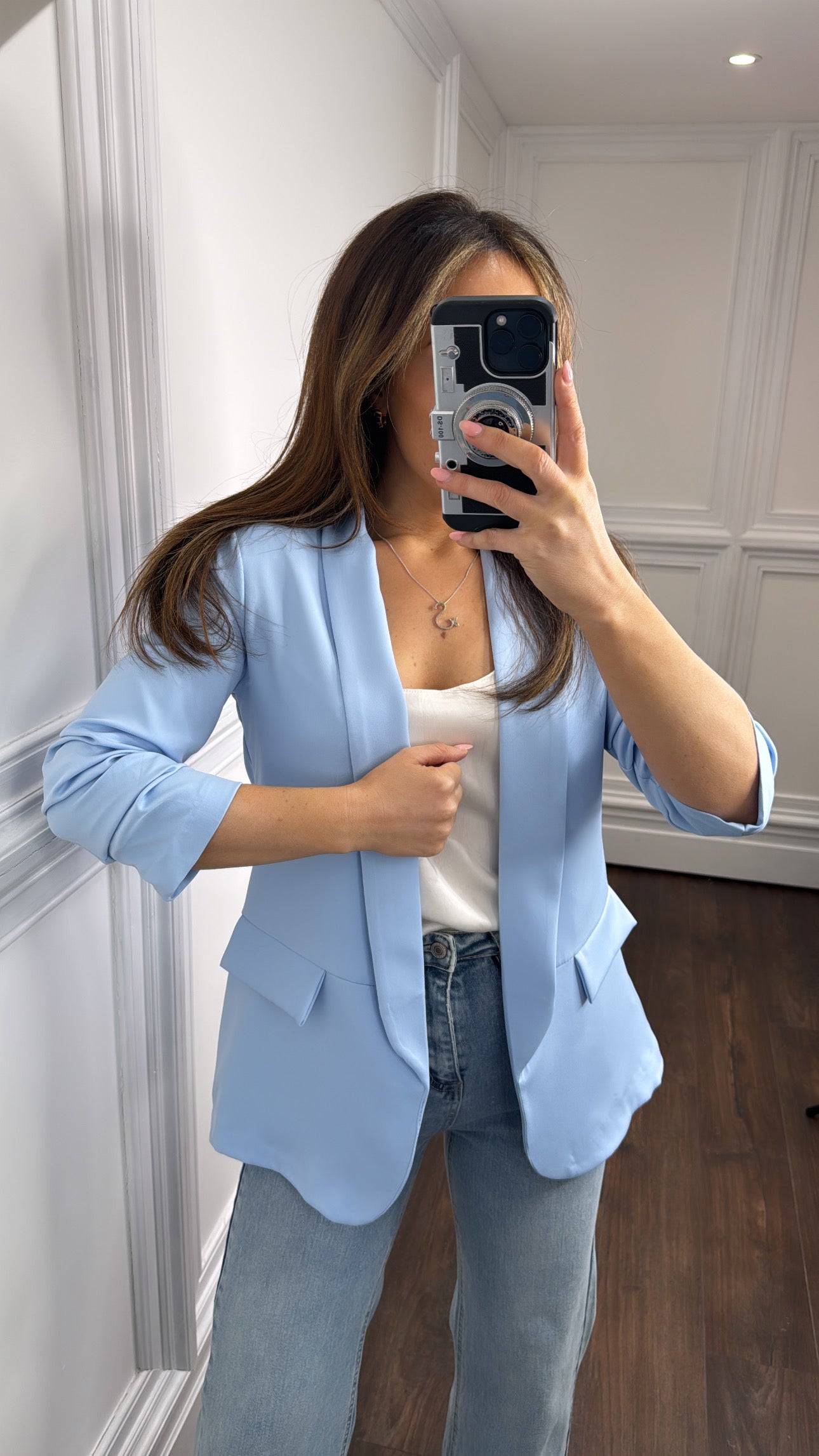 LOUISA pale blue ruched sleeve blazer