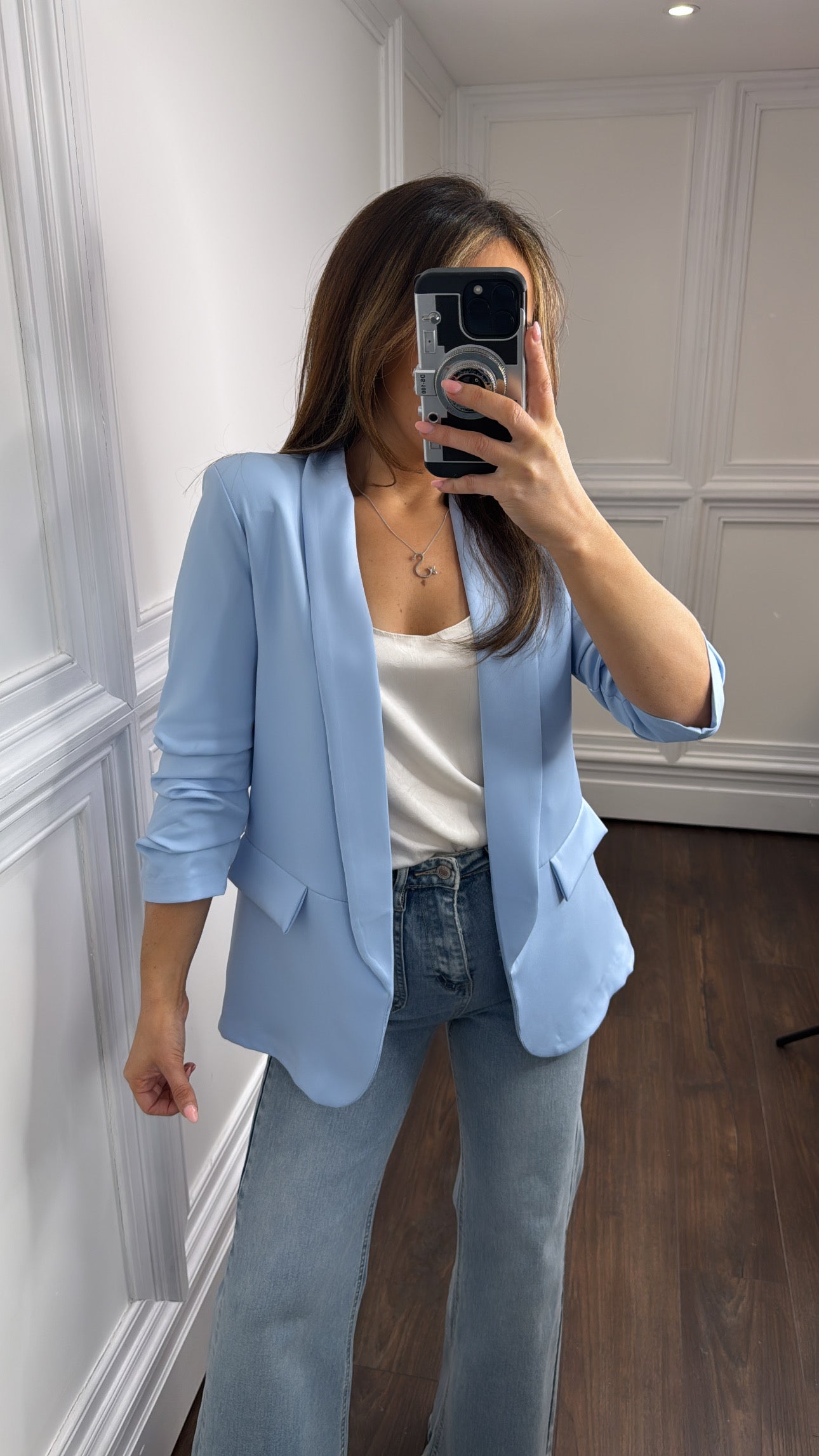 LOUISA pale blue ruched sleeve blazer