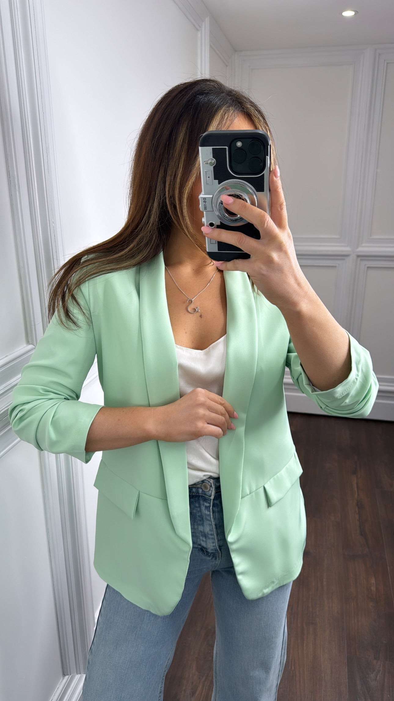 LOUISA apple green ruched sleeve blazer