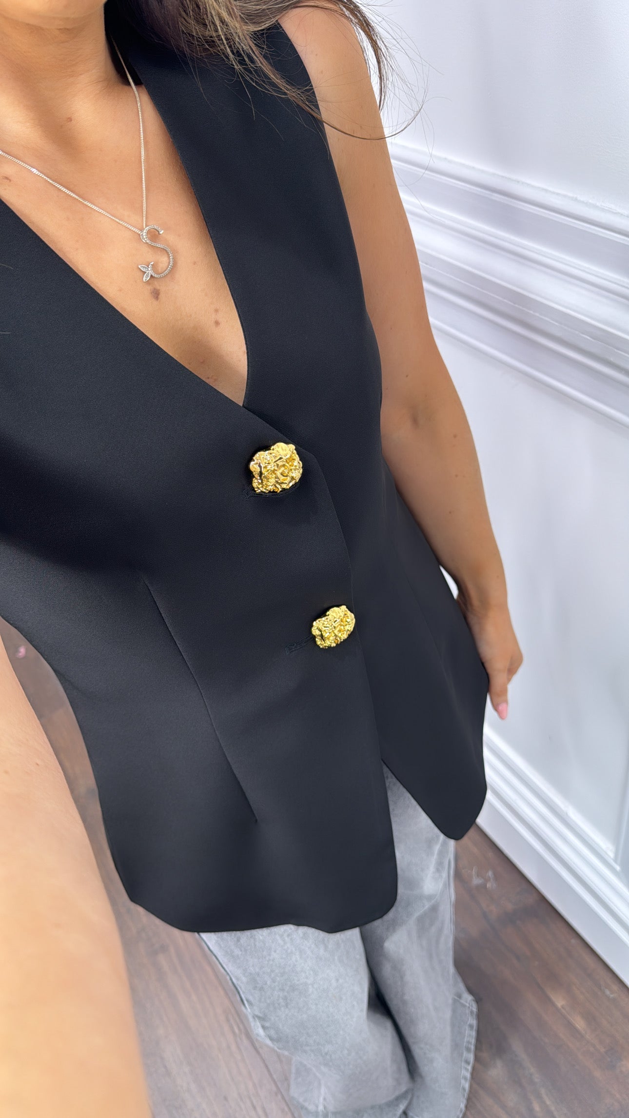 GISELLE black tailored waist coat with gold buttons