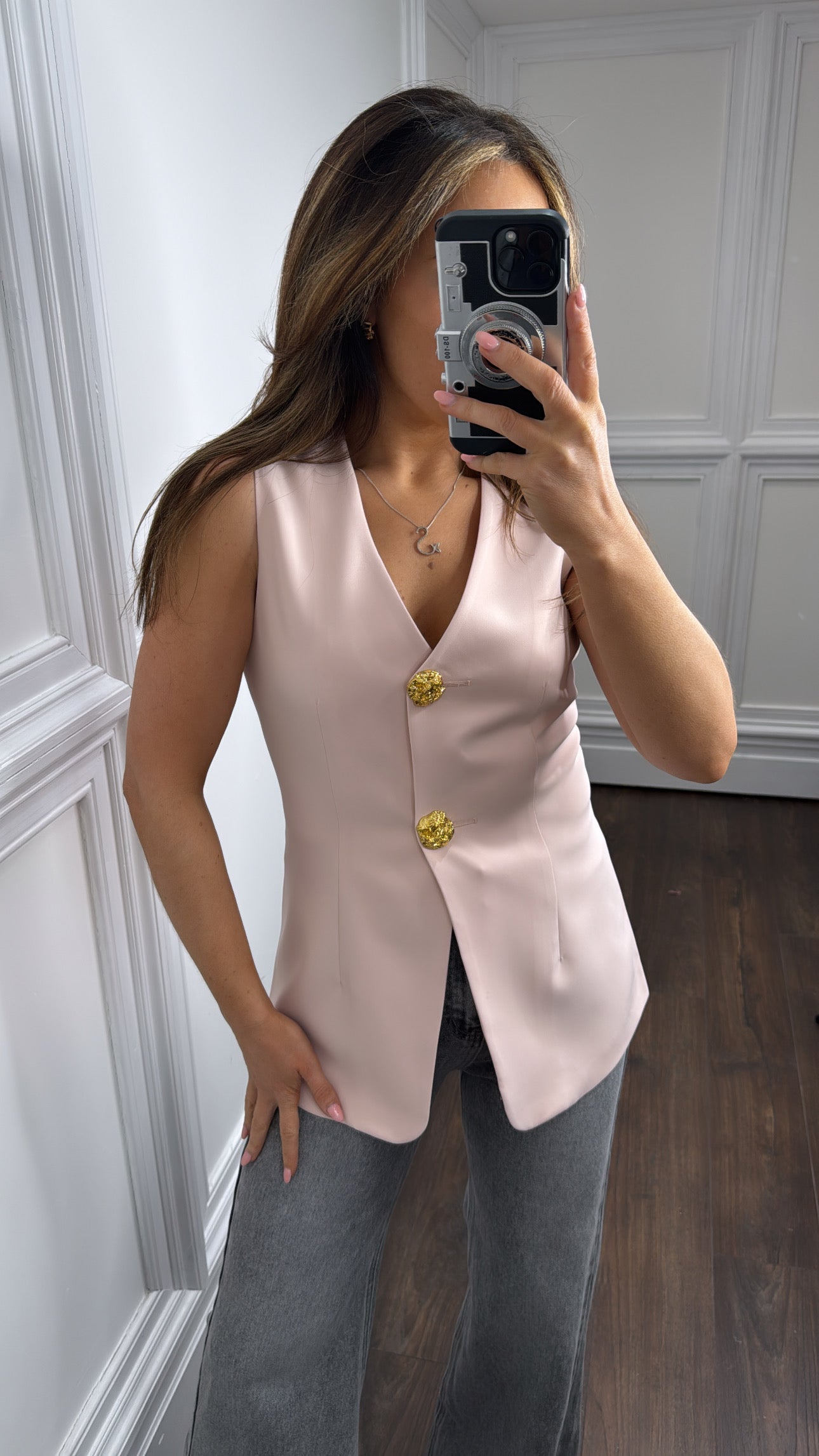 GISELLE pink tailored waist coat with gold buttons