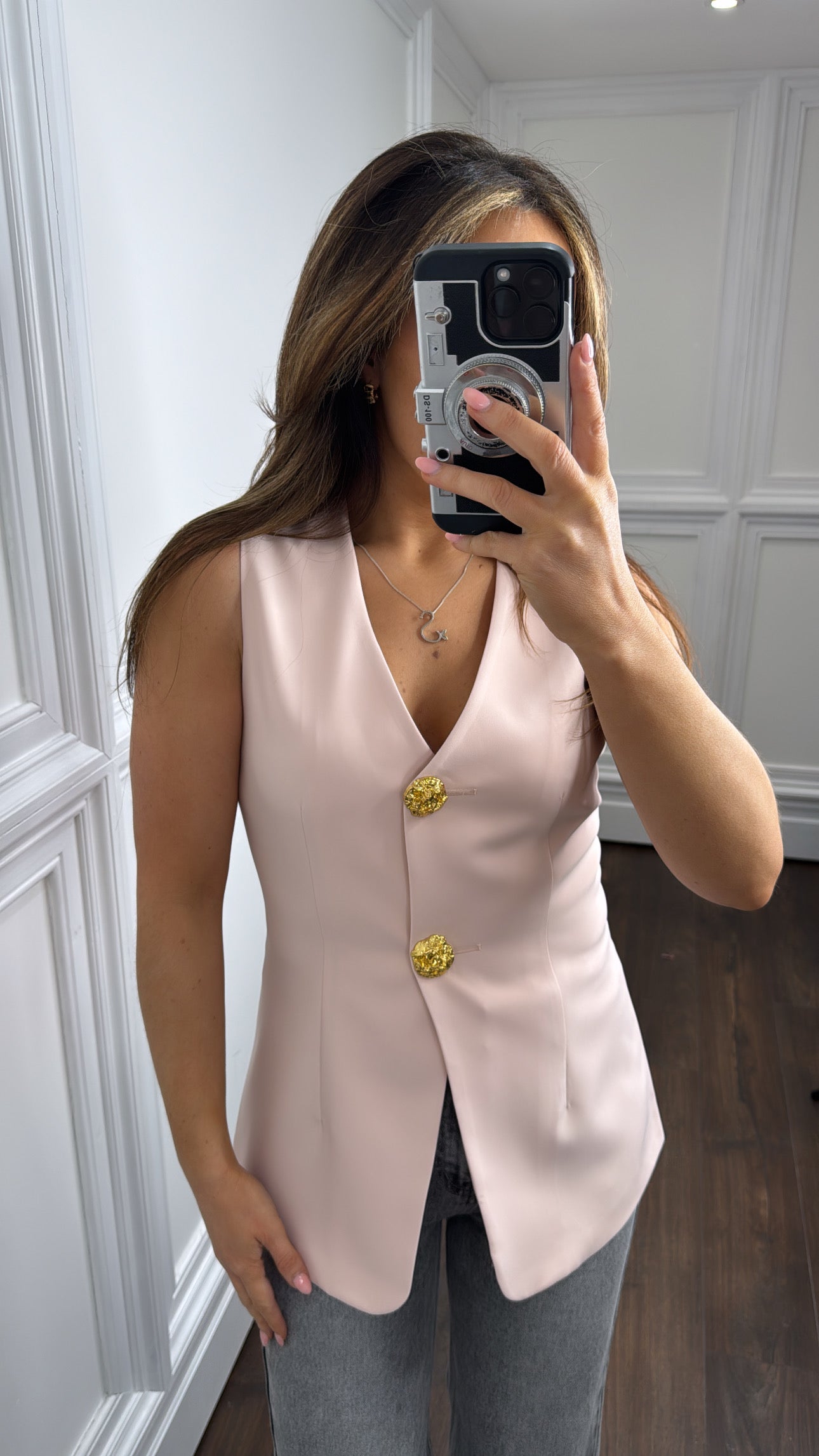 GISELLE pink tailored waist coat with gold buttons