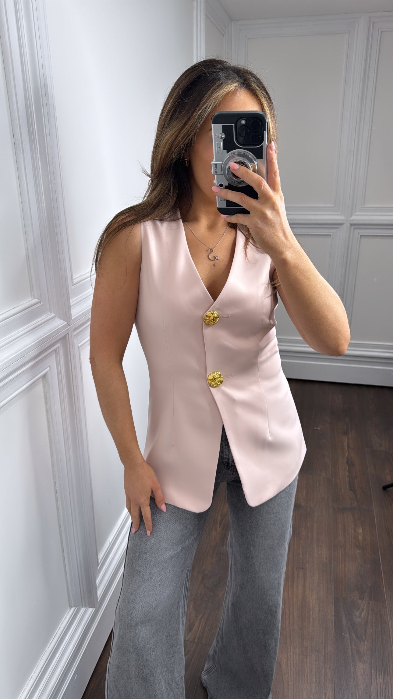 GISELLE pink tailored waist coat with gold buttons