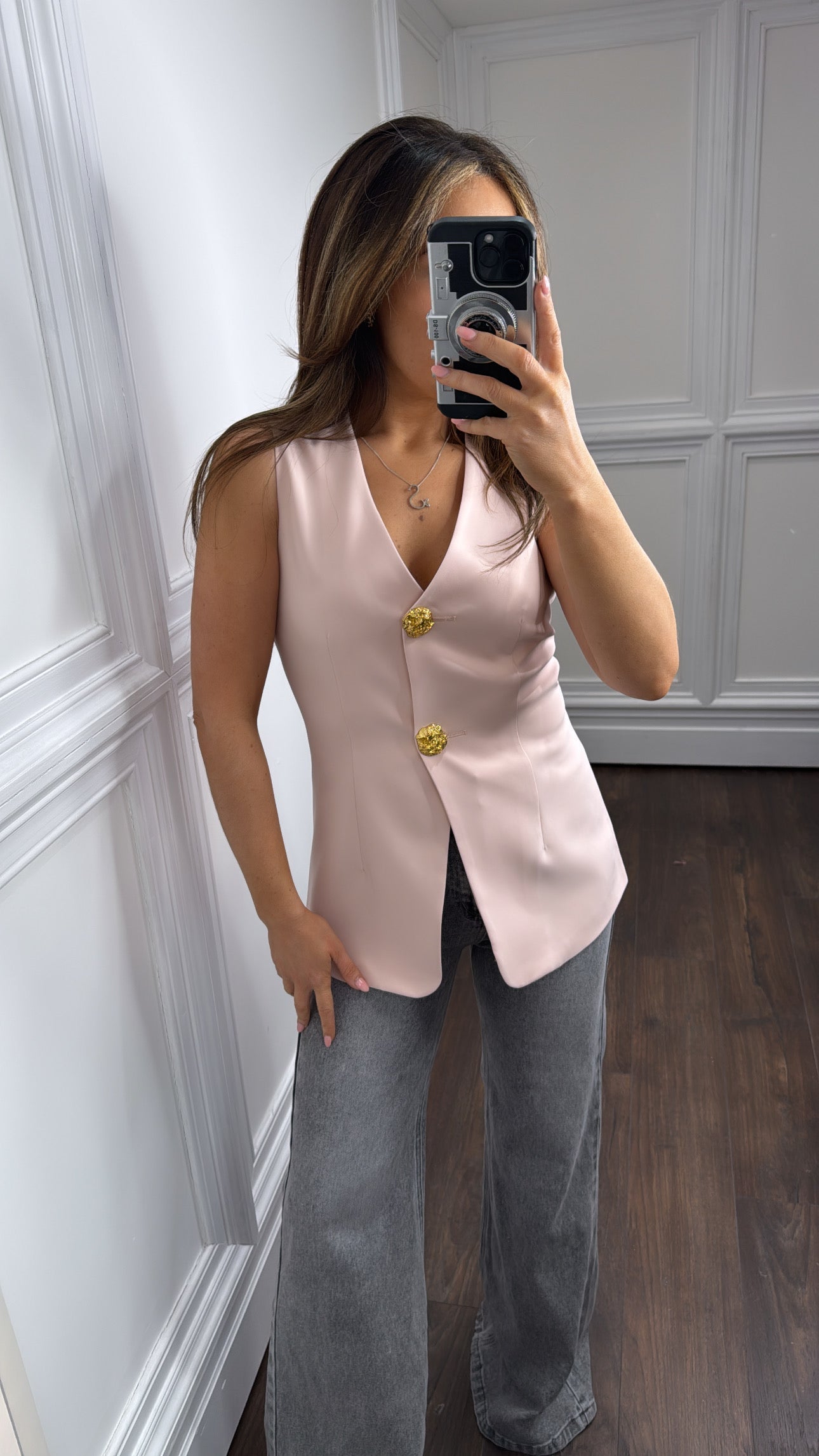 GISELLE pink tailored waist coat with gold buttons