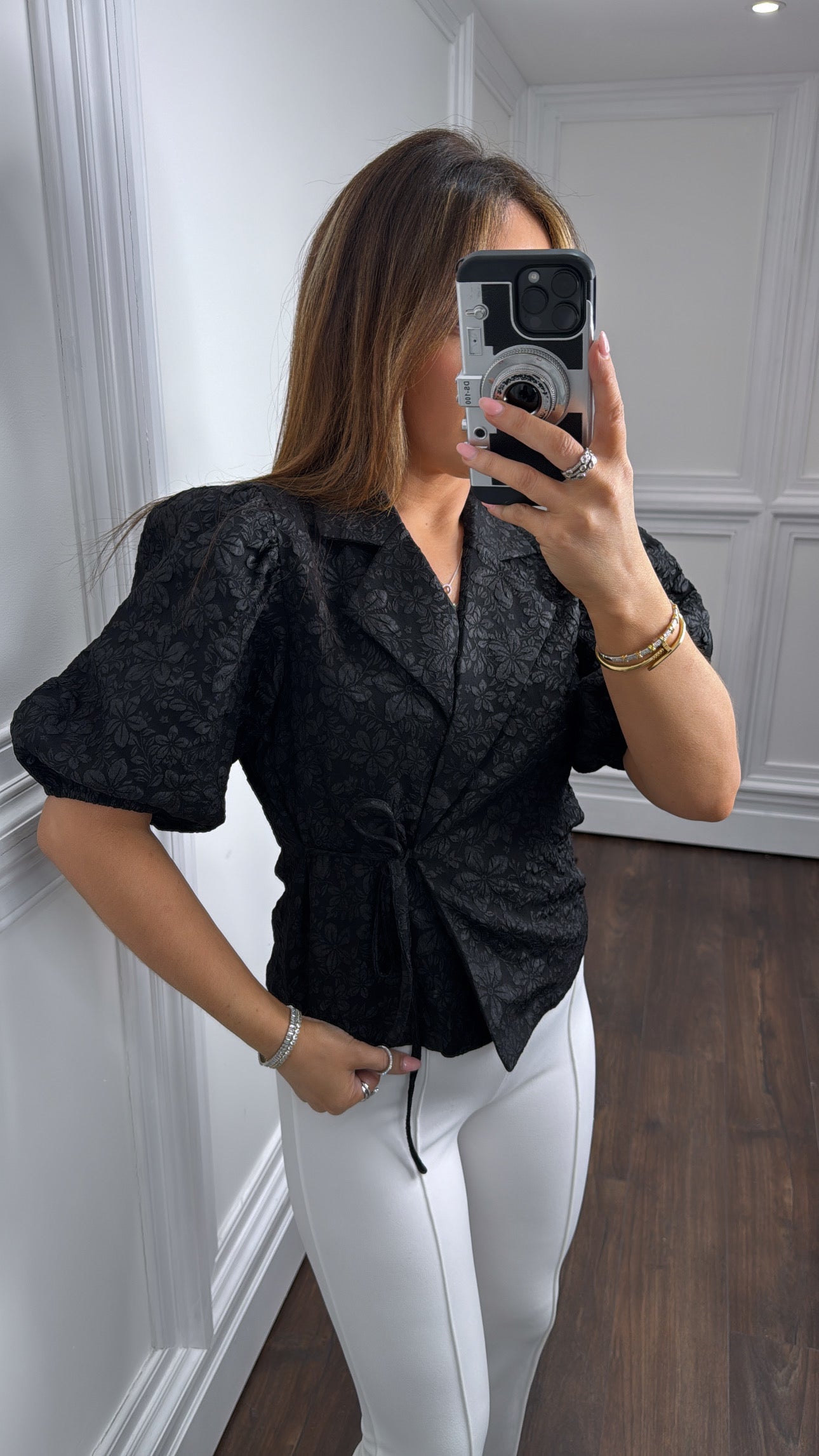 SAFFRON black tie detail short sleeve blazer