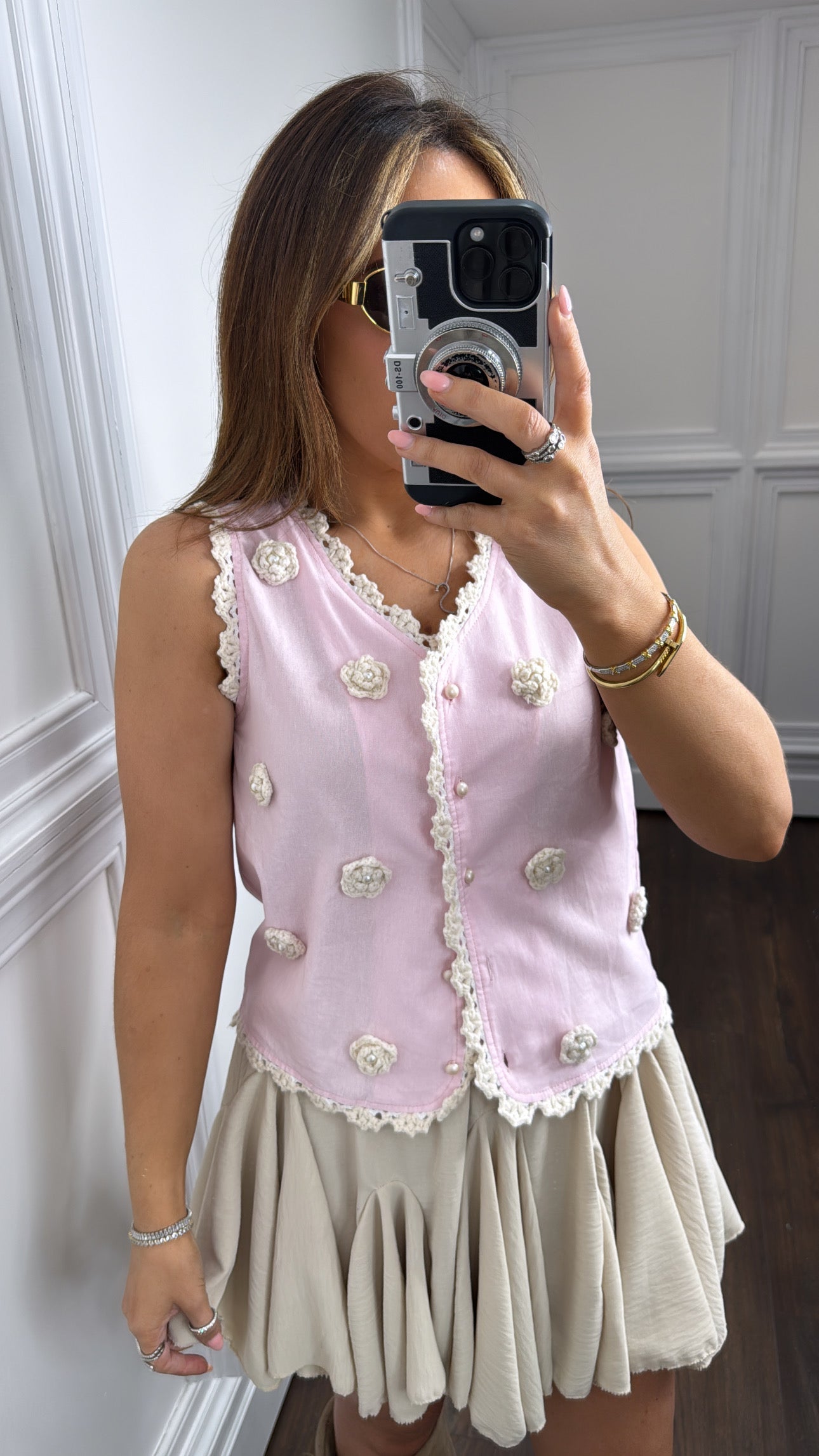 REMI pink crochet rosette detail waist jacket