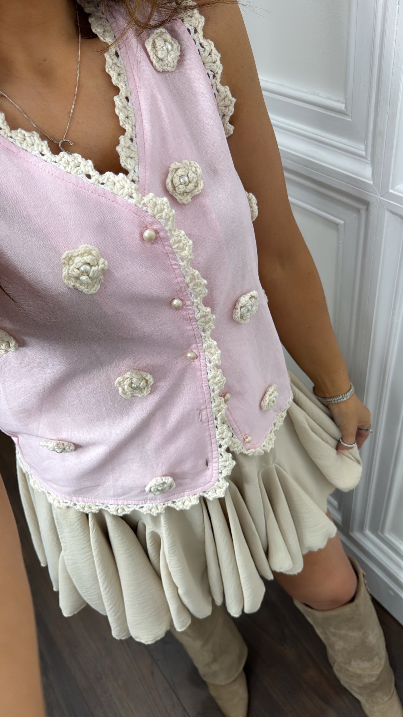 REMI pink crochet rosette detail waist jacket