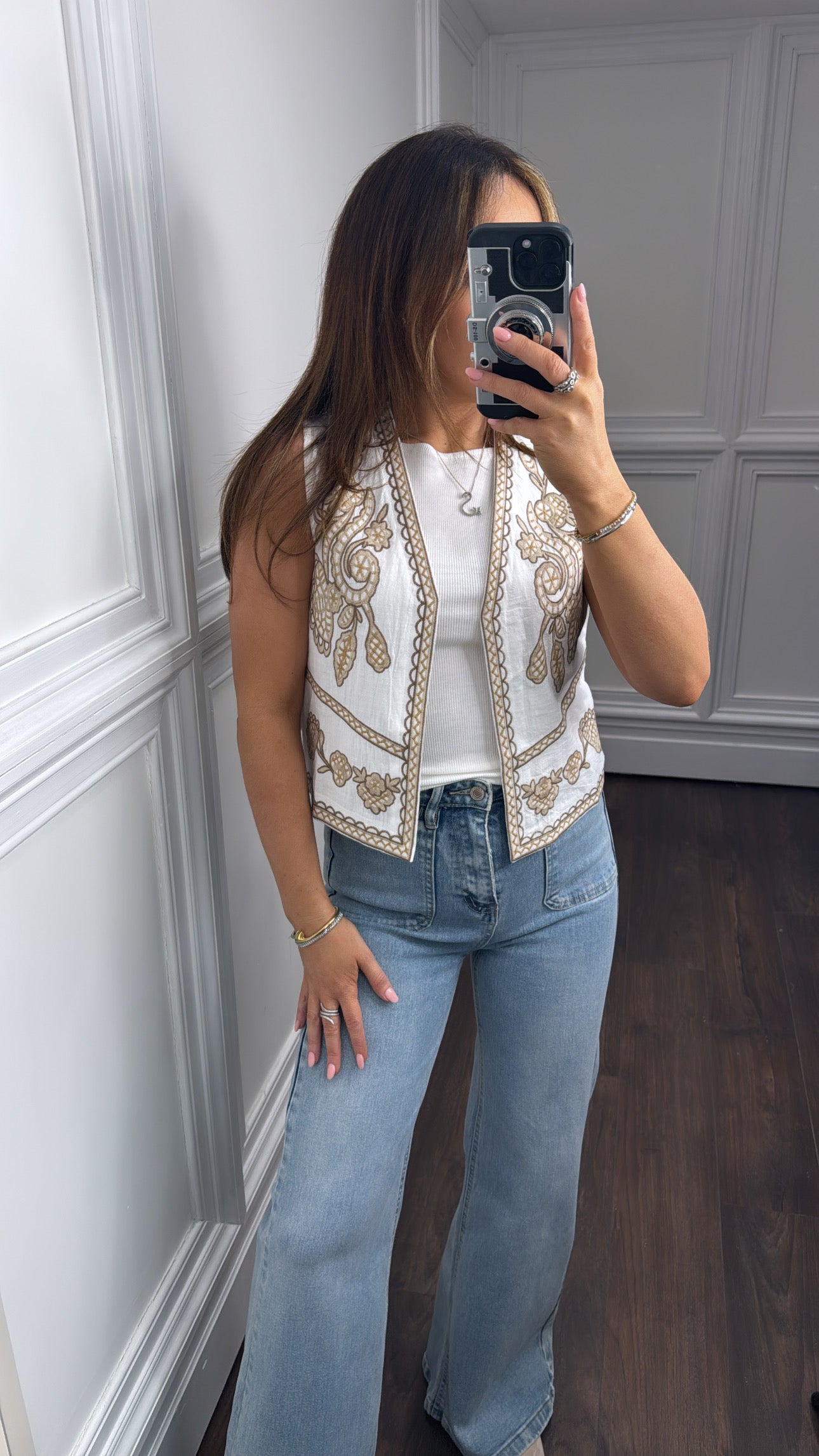 LEONA tan and white detail waist jacket